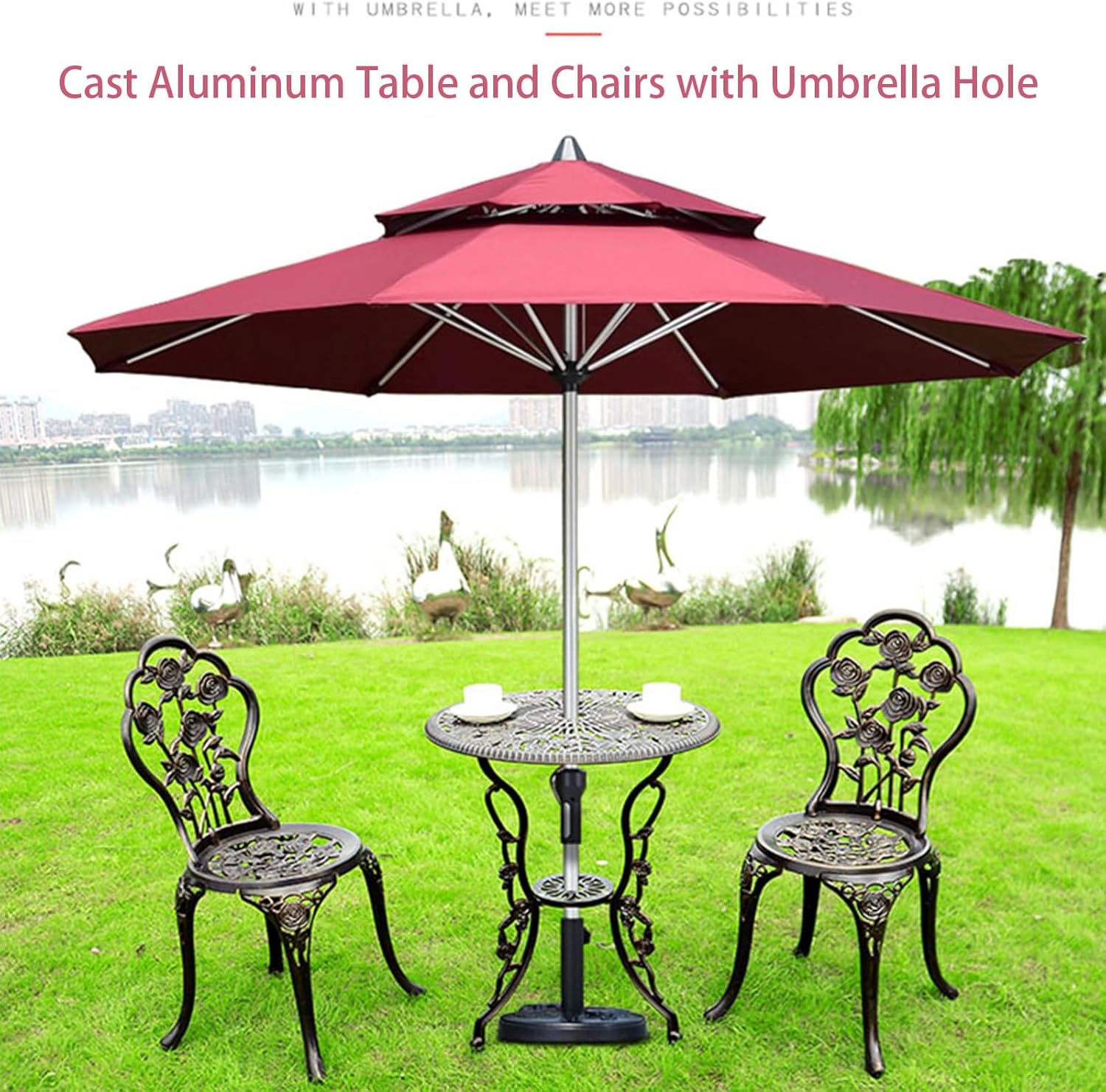 3-Piece Outdoor Patio Bistro Set Rose Design Rust-Resistant Cast Aluminum Table and Chairs with Umbrella Hole