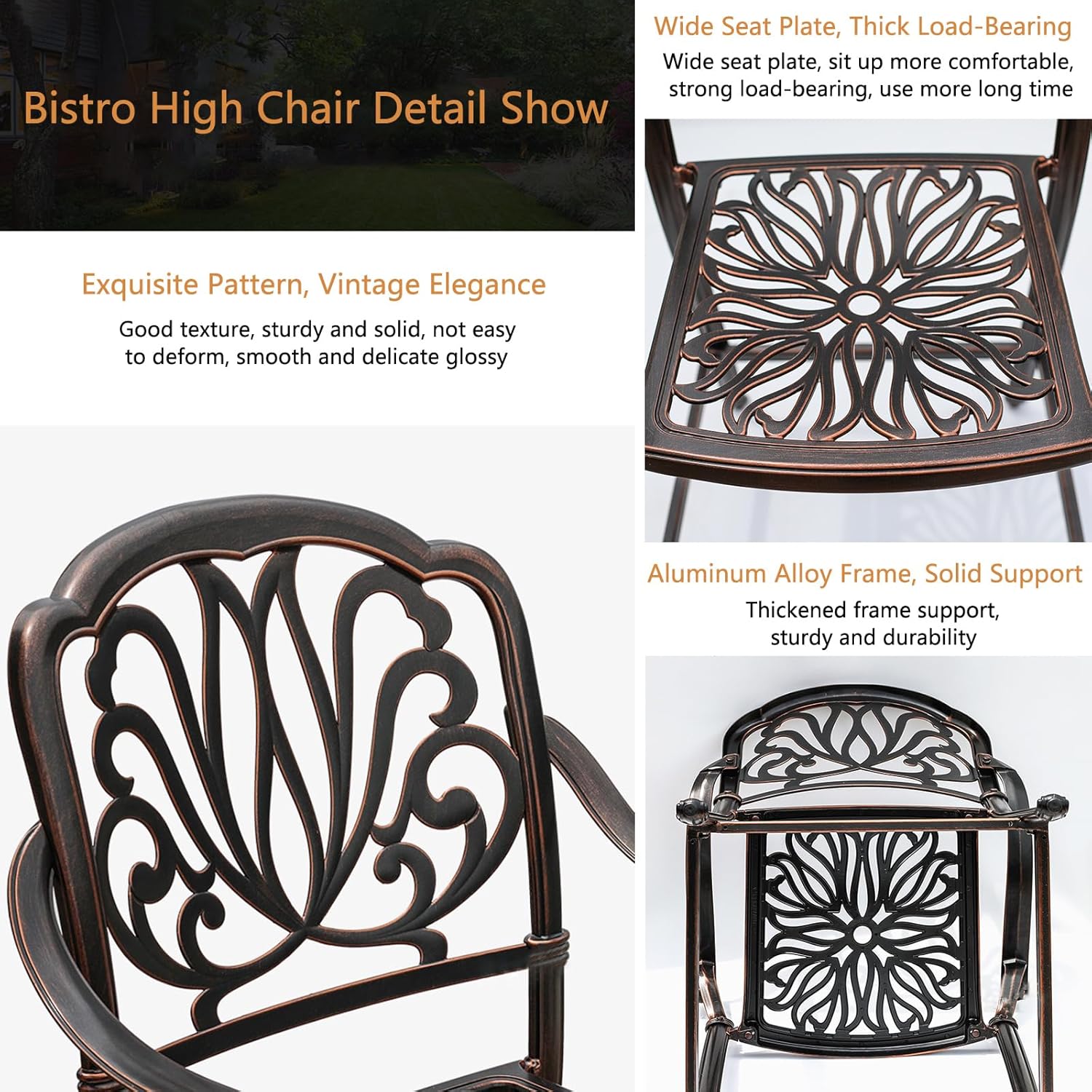 3/4-Piece Patio Bar Stools Set Cast Aluminum Outdoor Bar Height Bistro Set w/Cushion Bar Chairs & High Table w/Umbrella Hole