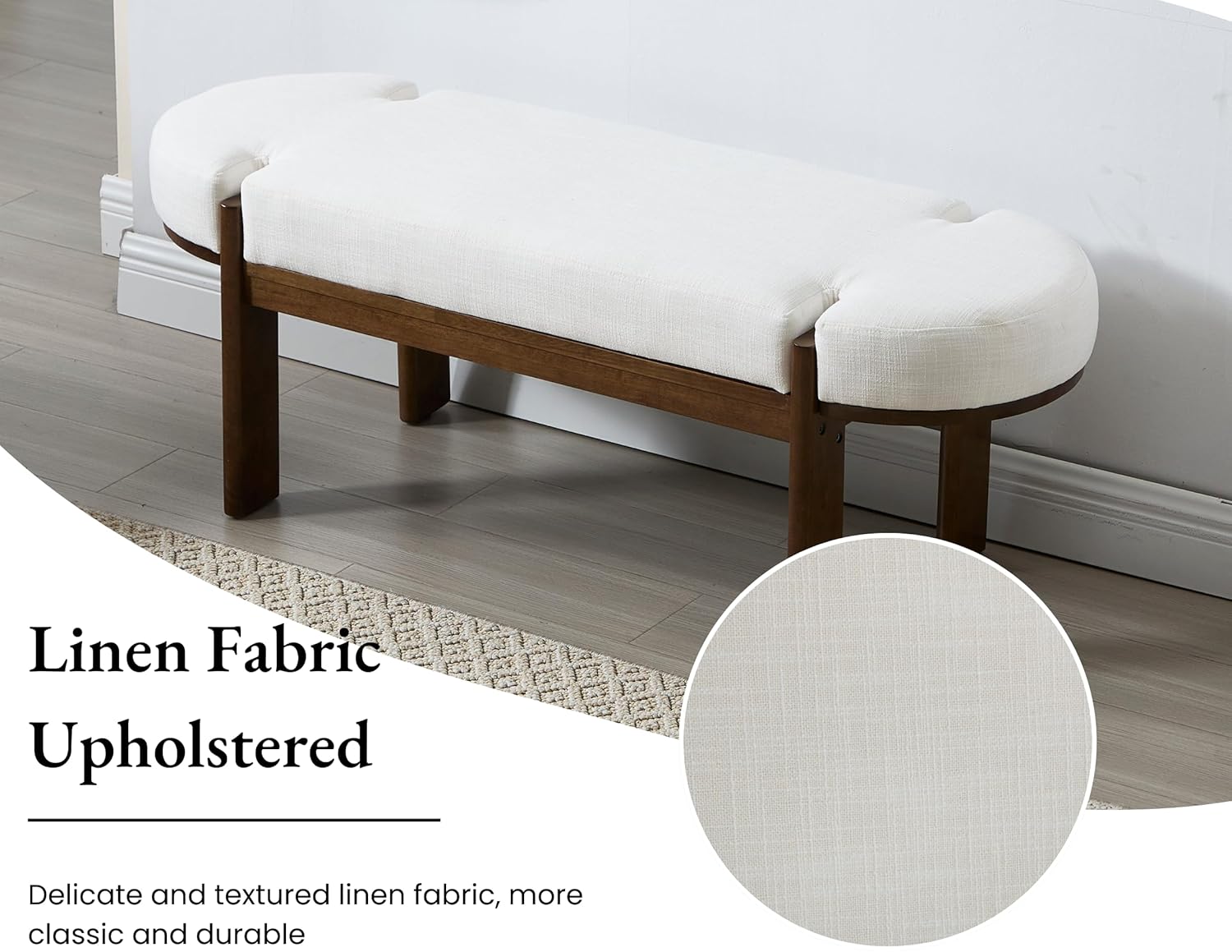 49 Inch Modern Bedroom Bench Upholstered End of Bed Bench Wood Entryway Bench with Fabric Padded Seat and Wooden Legs Window Bench