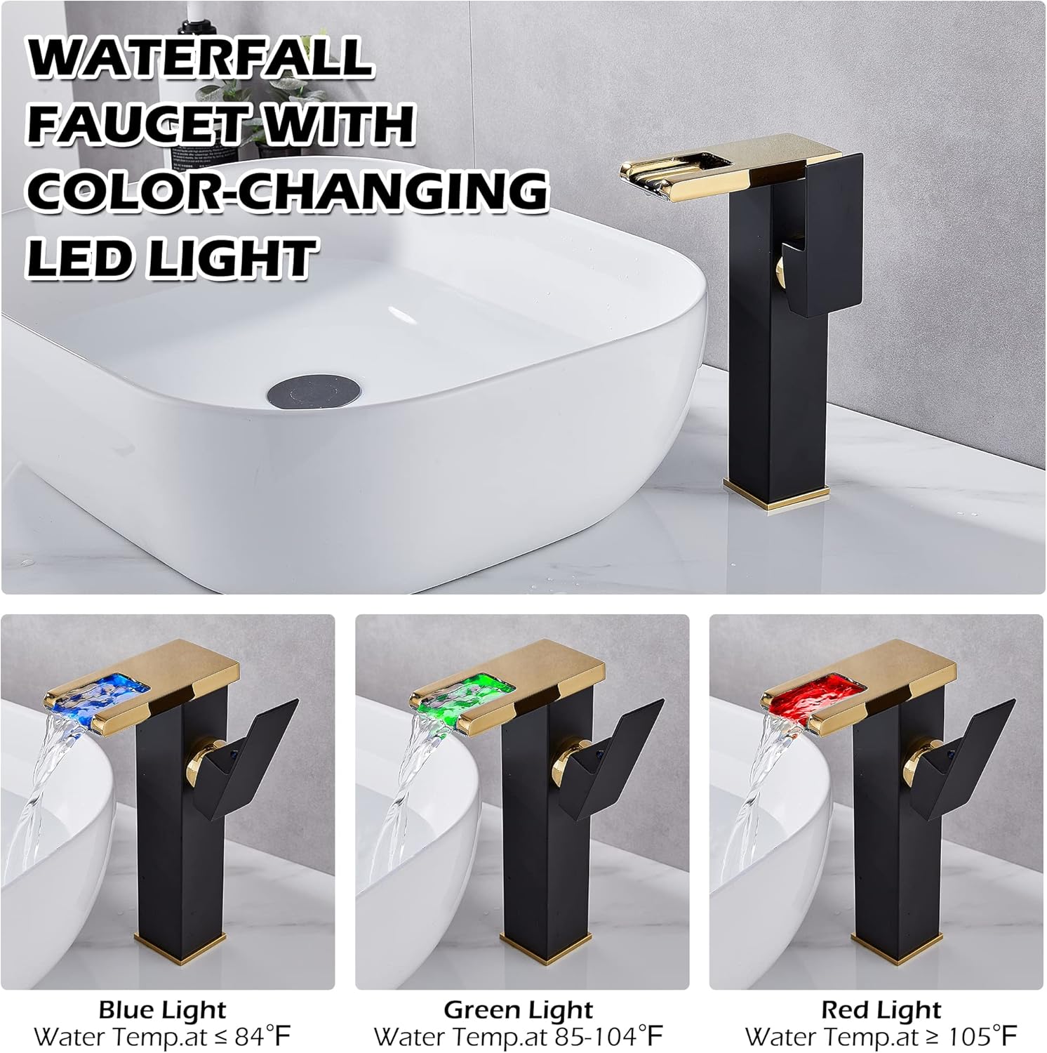 Vessel Sink Faucet Waterfall Gold Black Lavatory Single Hole with Pop Up Drain Without Overflow and Supply Lines Bathroom Faucets Bowl Sink One Handle Faucets Bath Tap Lead-Free
