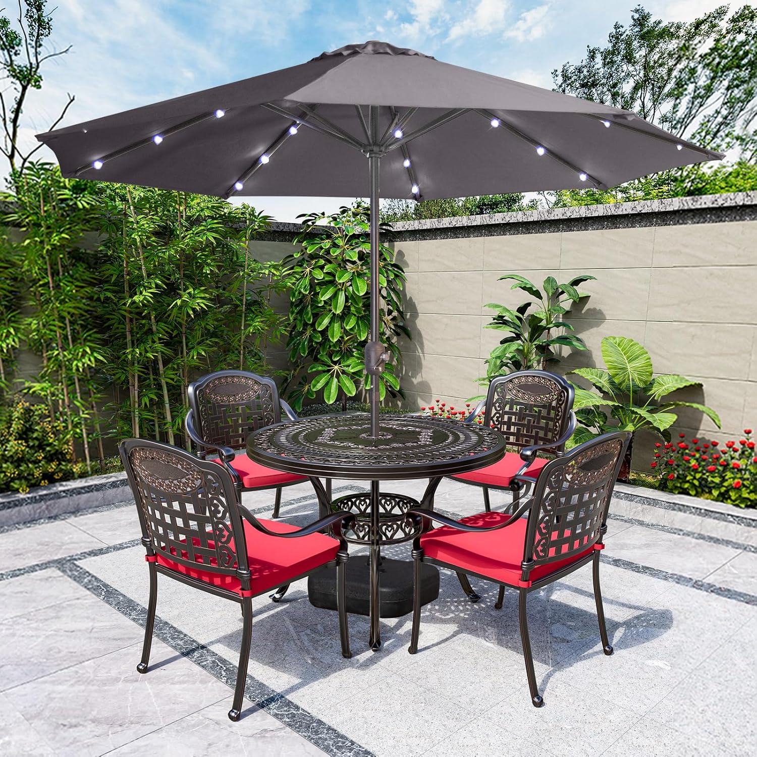 Outdoor Dining Set Cast Aluminum Bistro Set Patio Chairs and Round Table with Umbrella Hole for Yard