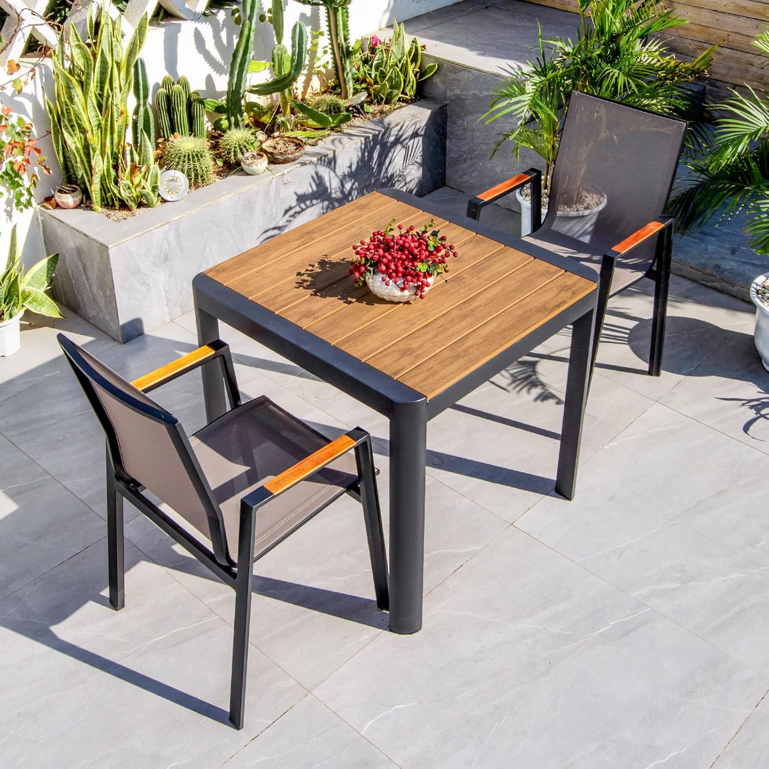 Outdoor Dining Set Square Patio Dining Table and Stackable Textilene Patio Chairs Aluminum Frame Patio Dining Set