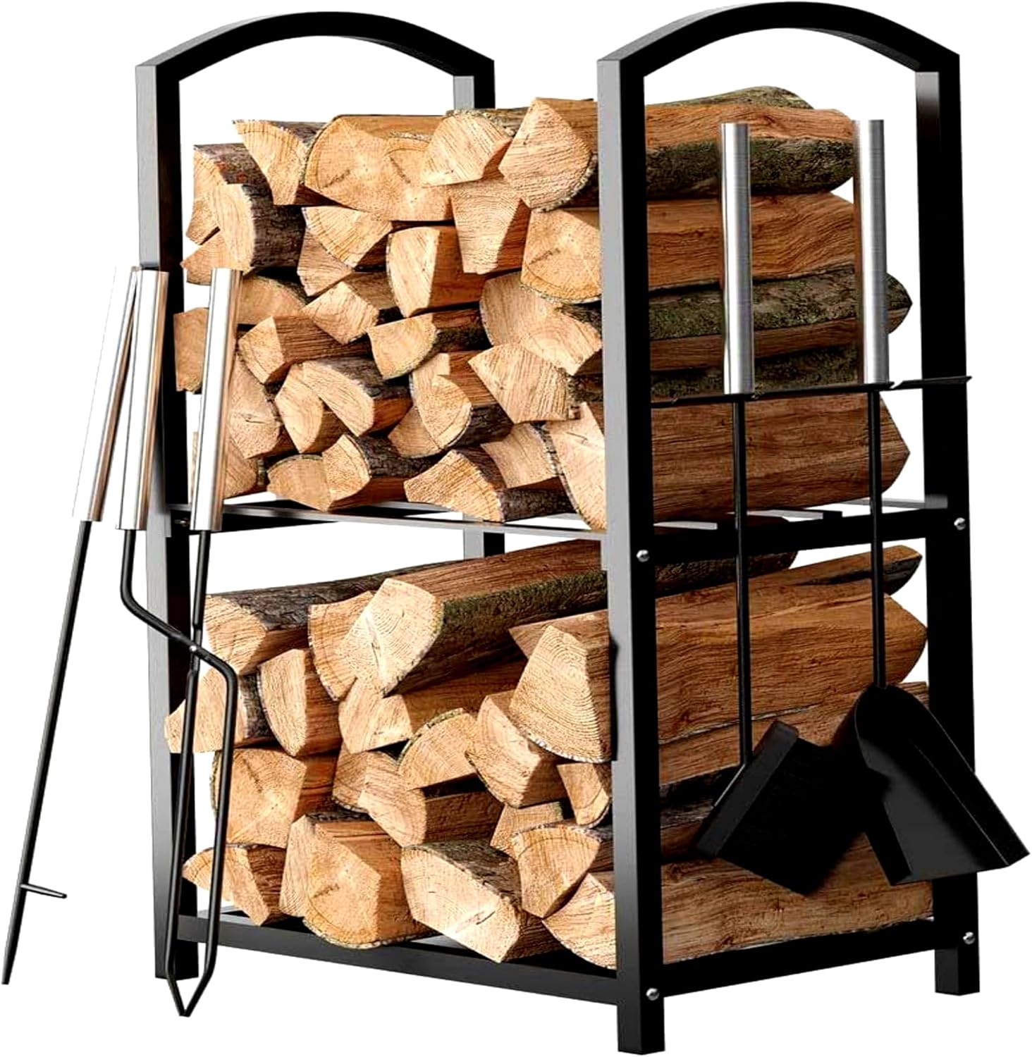 Firewood Rack Outdoor Indoor - 2-Tier Firewood Holder with Fireplace Tools Set, Brush, Shovel, Poker, Tongs
