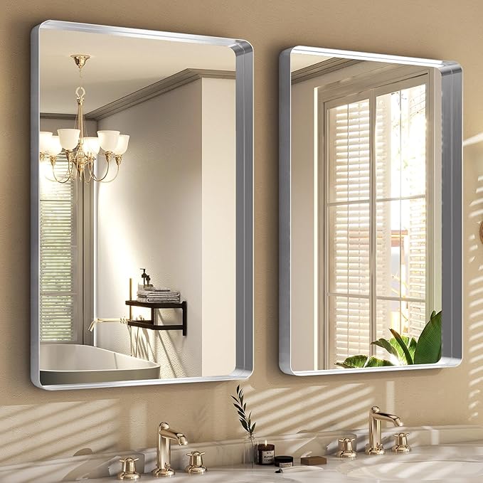 Silver Bathroom Mirror for Wall, 30x22 Inch Rectangular Aluminum Alloy Framed Mirror, Modern Wall Mounted Vanity Mirror
