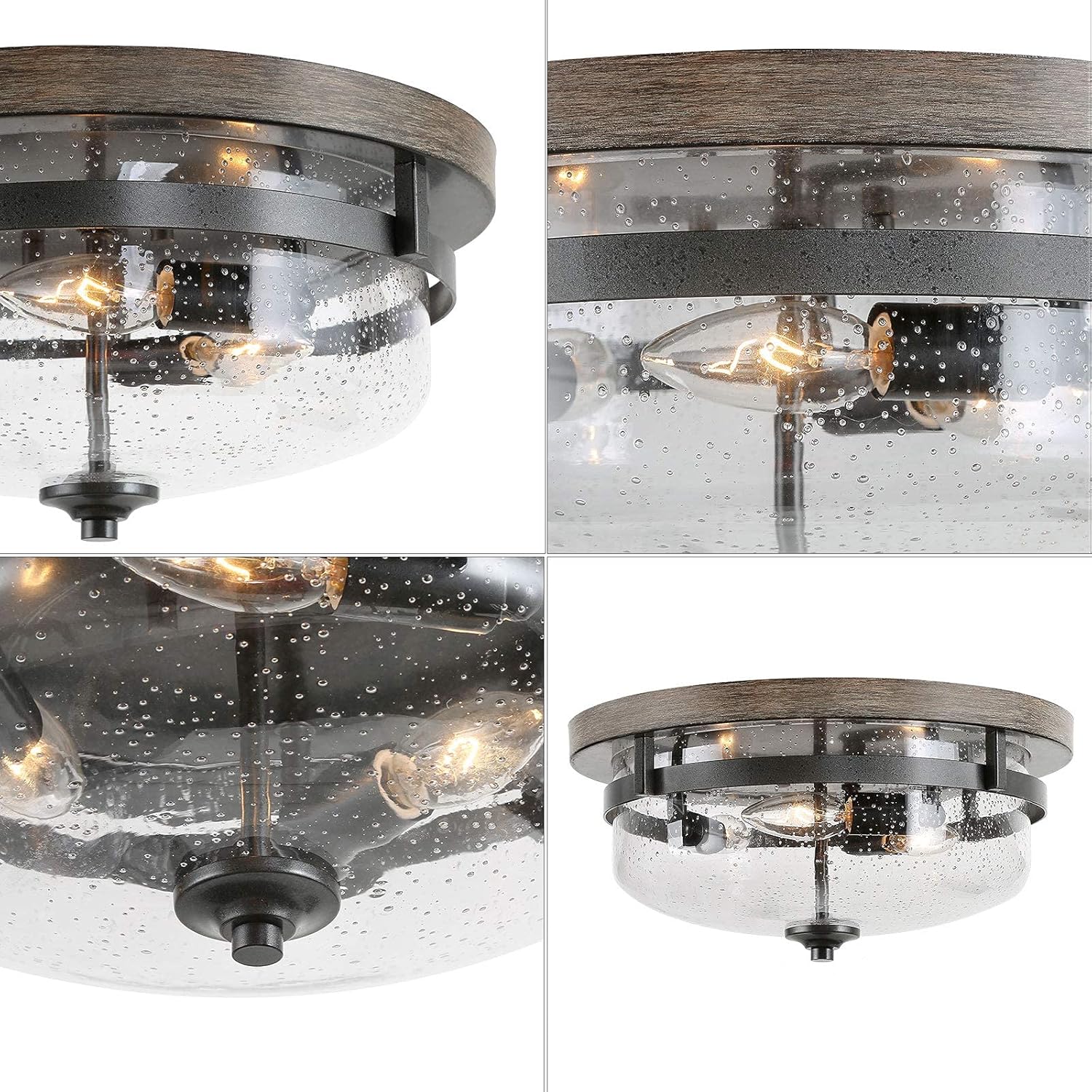 Flush Mount Ceiling Light, Farmhouse Light Fixtures Ceiling with Faux Wood Finish and Seeded Glass Cover