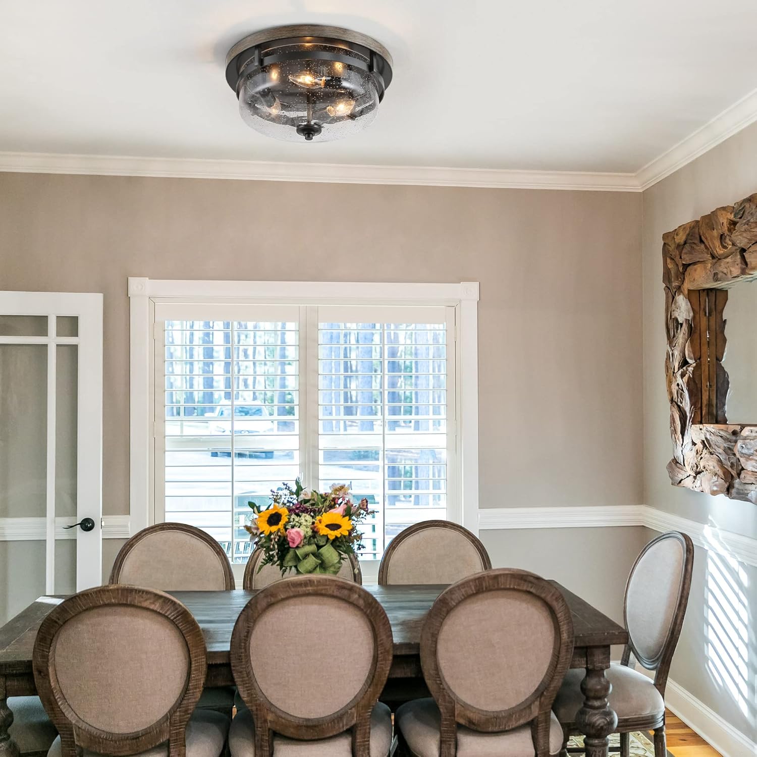 Flush Mount Ceiling Light, Farmhouse Light Fixtures Ceiling with Faux Wood Finish and Seeded Glass Cover