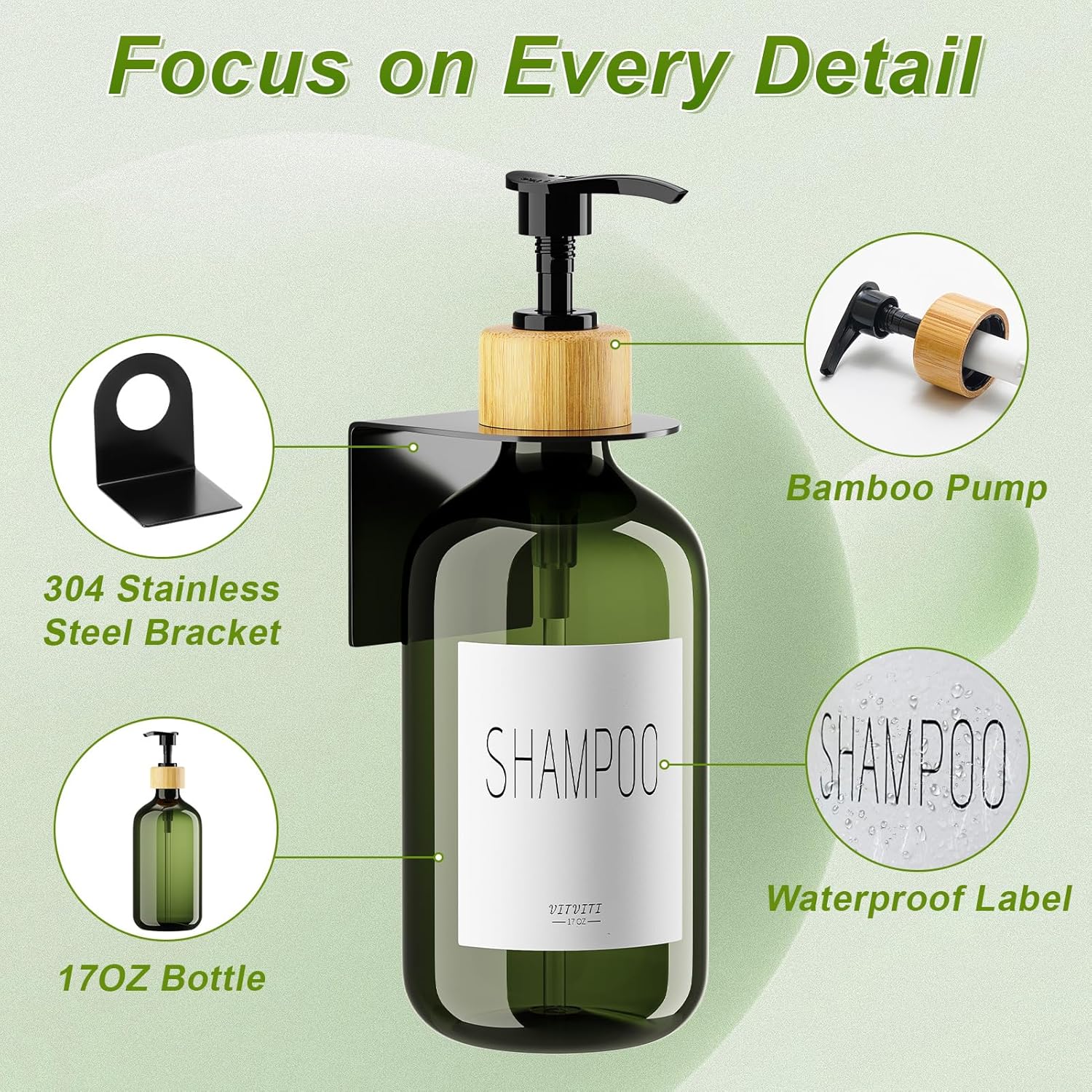 Shampoo and Conditioner Dispenser, Body Wash Shower Soap Dispenser Wall Mounted 3 Chamber, Drill Free 17oz Plastic Shower Bottles for Bathroom, Dark Green 3 Sets