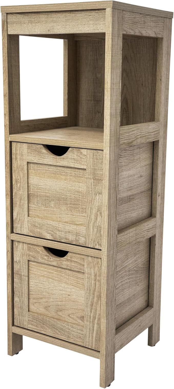 Farmhouse Bathroom Storage Organizer with Two Removable Drawers and Open Display Shelf, Set of 1, Brown