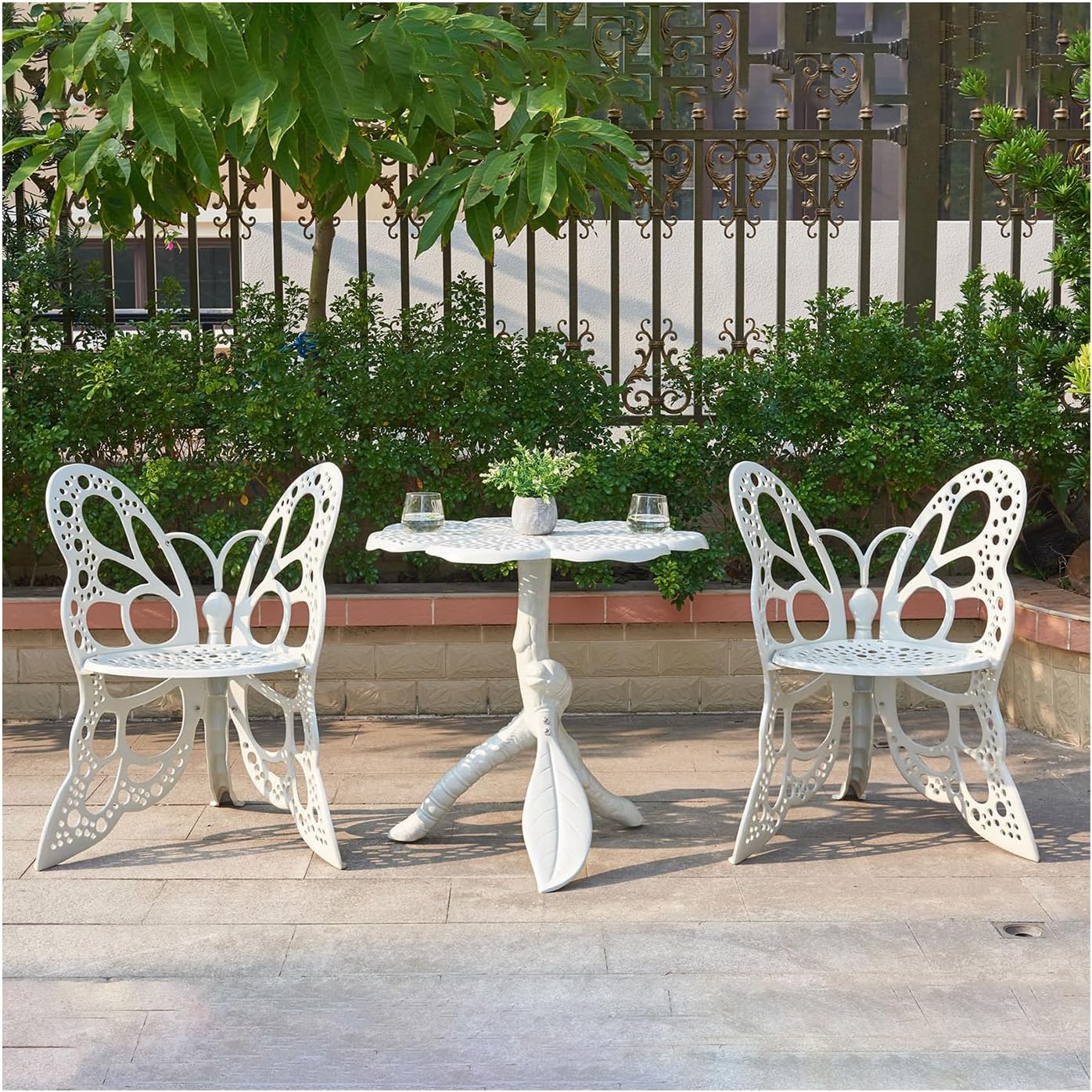 3 Pcs Outdoor Bistro Set White Cast Aluminum Patio Set Bistro Table Set Rustproof Butterfly Patio Table and Chairs for Balcony (Table and Chairs Set)