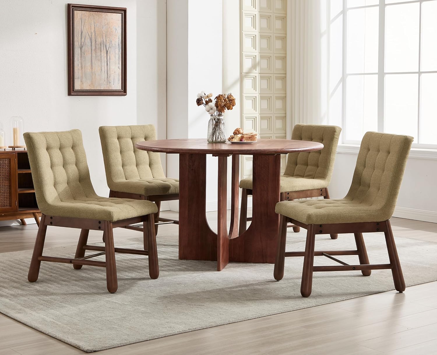 Upholstered Tufted Dining Chairs Set of 4 Mid Century Modern Fabric Kitchen Chairs with Walnut Wood Legs/Comfy Linen Backs Armless Accent Side Chair