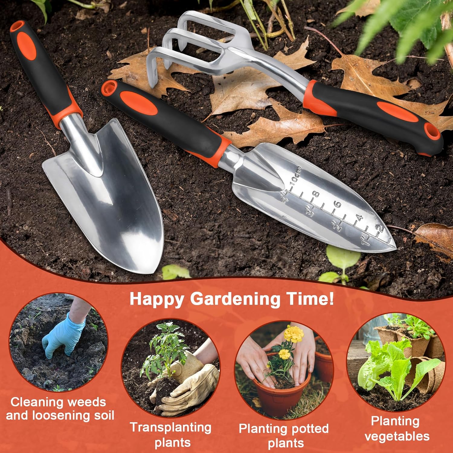 3 Pack Heavy Duty Gardening Tools Set Include Garden Shovel, Transplant Trowel and Hand Rake with Ergonomic Handle