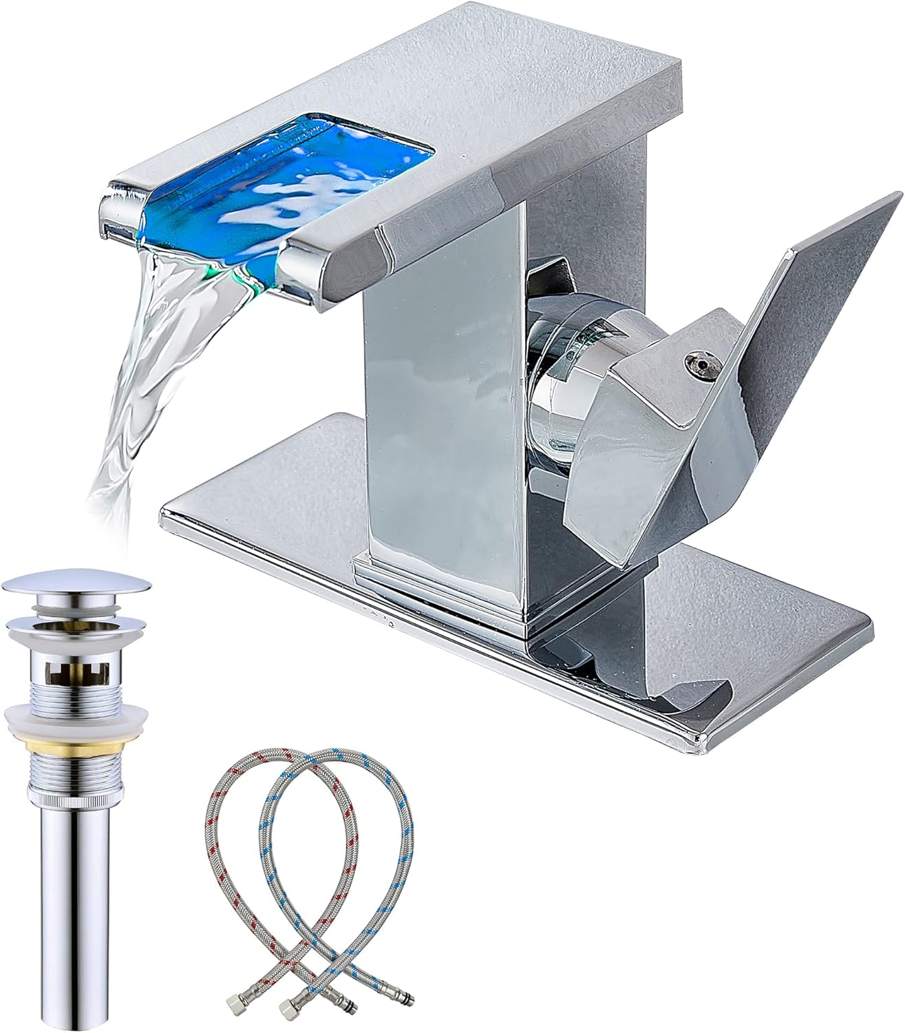 Bathroom Sink Faucet Chrome Waterfall Single Hole One Handle Bathroom Faucet Led Light Color Chaning Vanity Faucet Modern with Pop-up Drain Suitable for 1 Hole or 3 Hole RV Faucet Deck Mount Basin