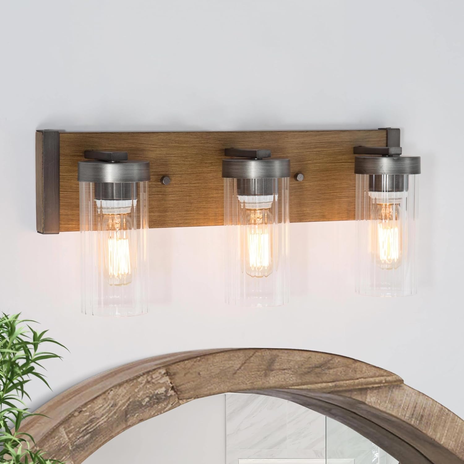 3 Light Farmhouse Vanity Lights for Bathroom with Clear Textured Glass Lampshade