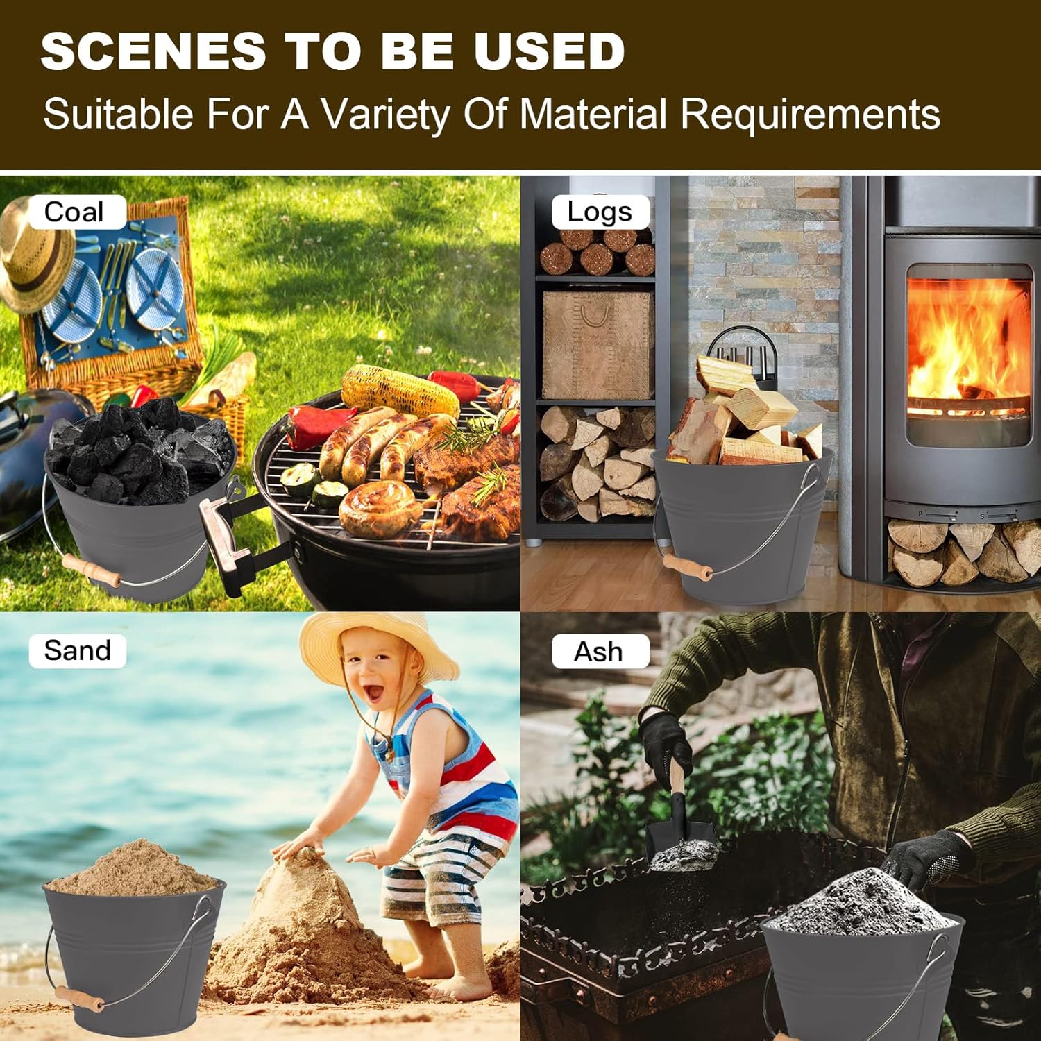 Ash Bucket with Lid, 1.3 Gallon Ash Bucket for Fireplace, Metal Fireplace Bucket for Ashes Includes Shovel and Hand Broom