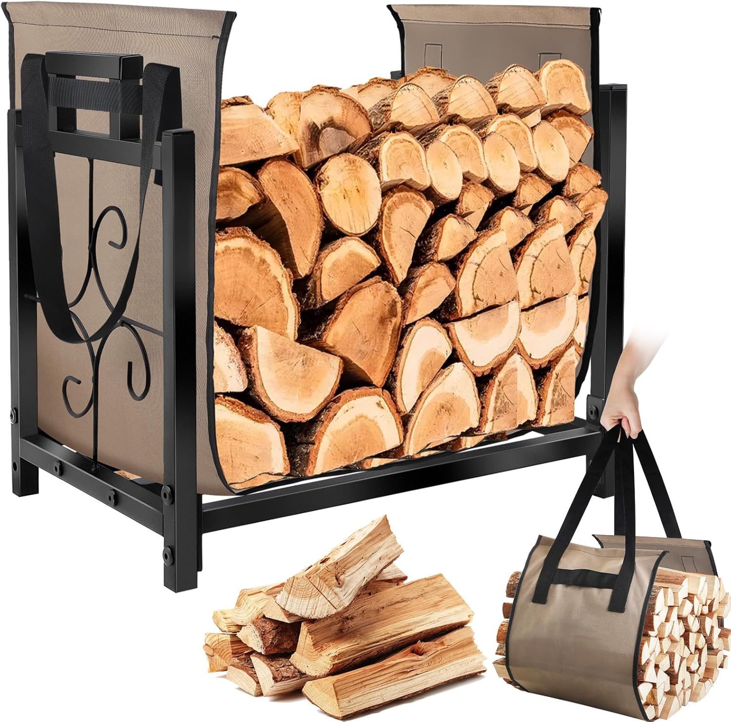 Firewood Rack Indoor Outdoor with Log Carrier Bag, Heavy Duty Metal Firewood Log Holder with Handle Rustproof Fire Wood Storage Racks