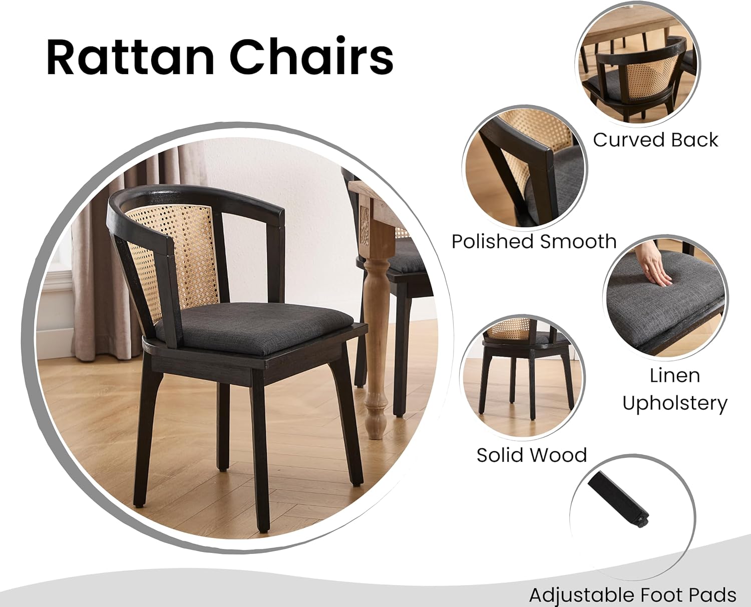 Modern Farmhouse Wooden Dining Room Chairs with Cane Curved Back Leather Upholstered Comfortable Kitchen Side Chairs for Restaurant