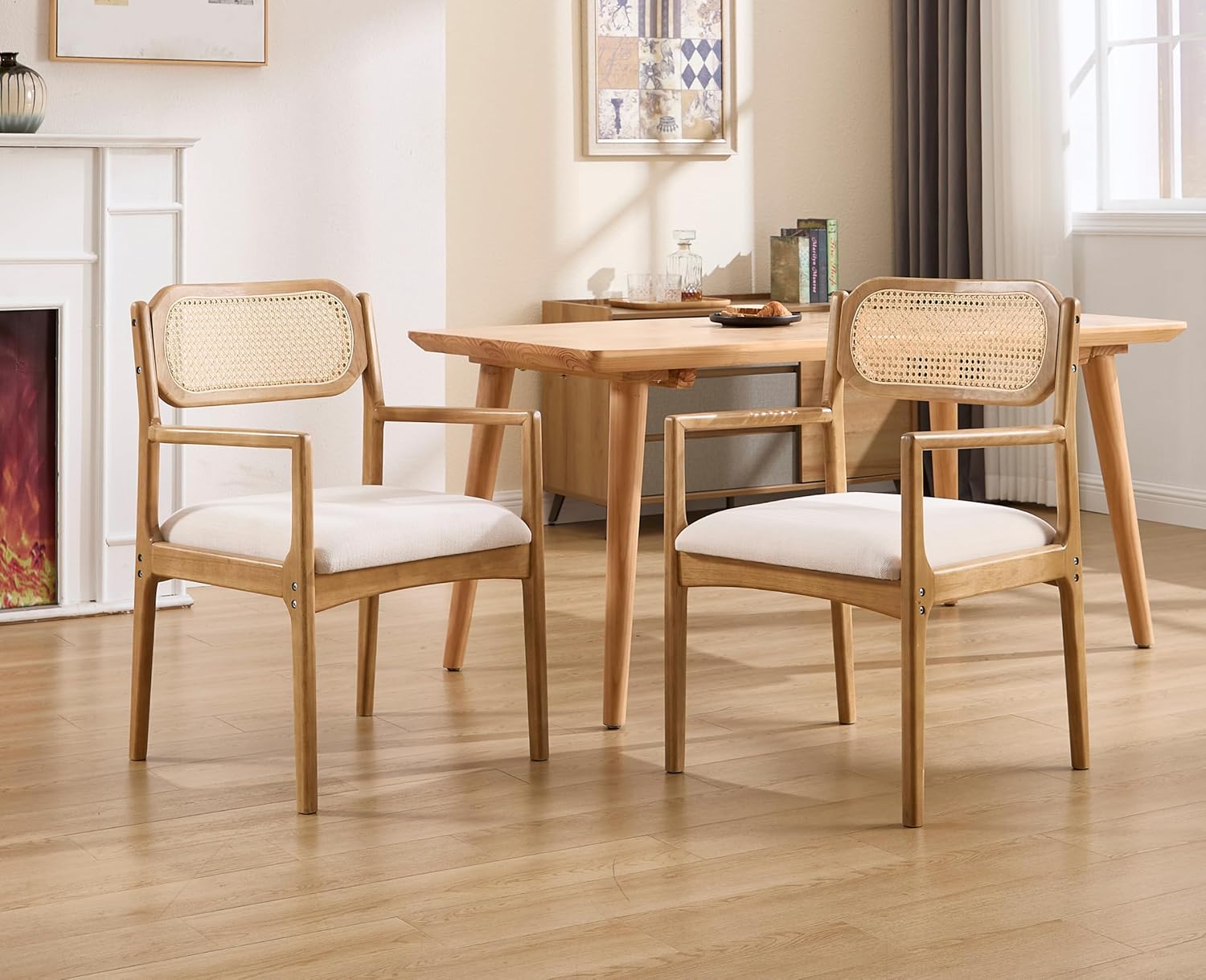 Modern Mid Century Wood Dining Room Chairs with Cane Back Upholstered Linen Kitchen Side Chairs