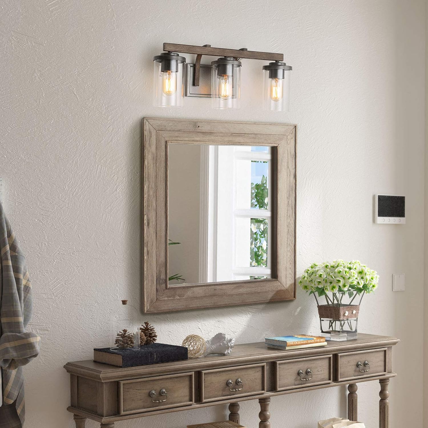 Farmhouse Bathroom Vanity Light Fixtures, Rustic Vanity Lighting with 3 Clear Glass