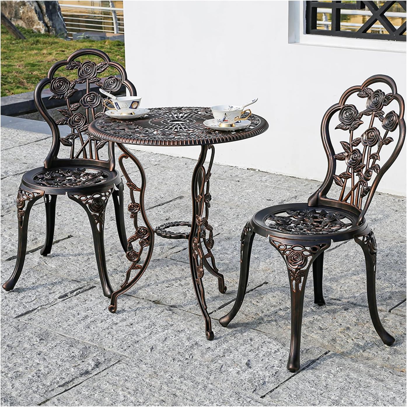 3-Piece Outdoor Patio Bistro Set Rose Design Rust-Resistant Cast Aluminum Table and Chairs with Umbrella Hole