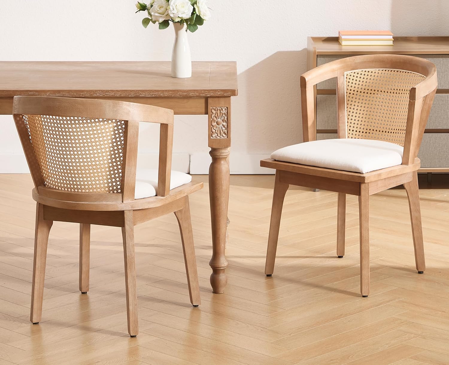 Modern Farmhouse Wooden Dining Room Chairs with Cane Curved Back Leather Upholstered Comfortable Kitchen Side Chairs for Restaurant