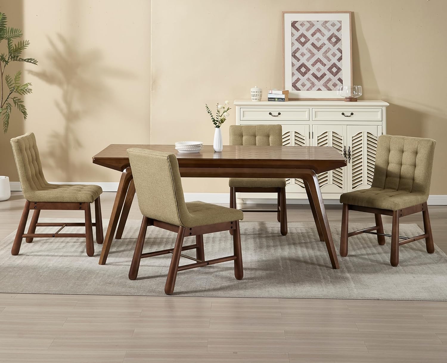 Upholstered Tufted Dining Chairs Set of 4 Mid Century Modern Fabric Kitchen Chairs with Walnut Wood Legs/Comfy Linen Backs Armless Accent Side Chair