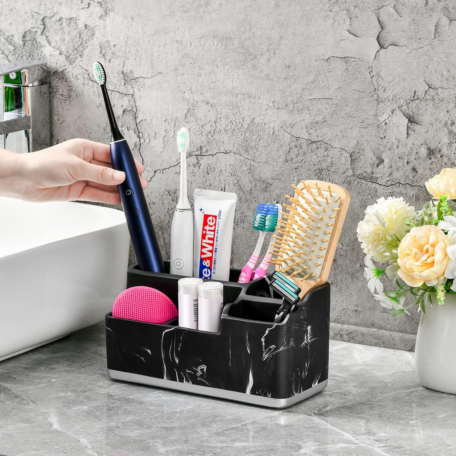 Toothbrush Holders for Bathroom, Bathroom Organizer Countertop, 5 Compartment Bathroom Accessories Storage for Toothpaste/Vanity Counter/Sink