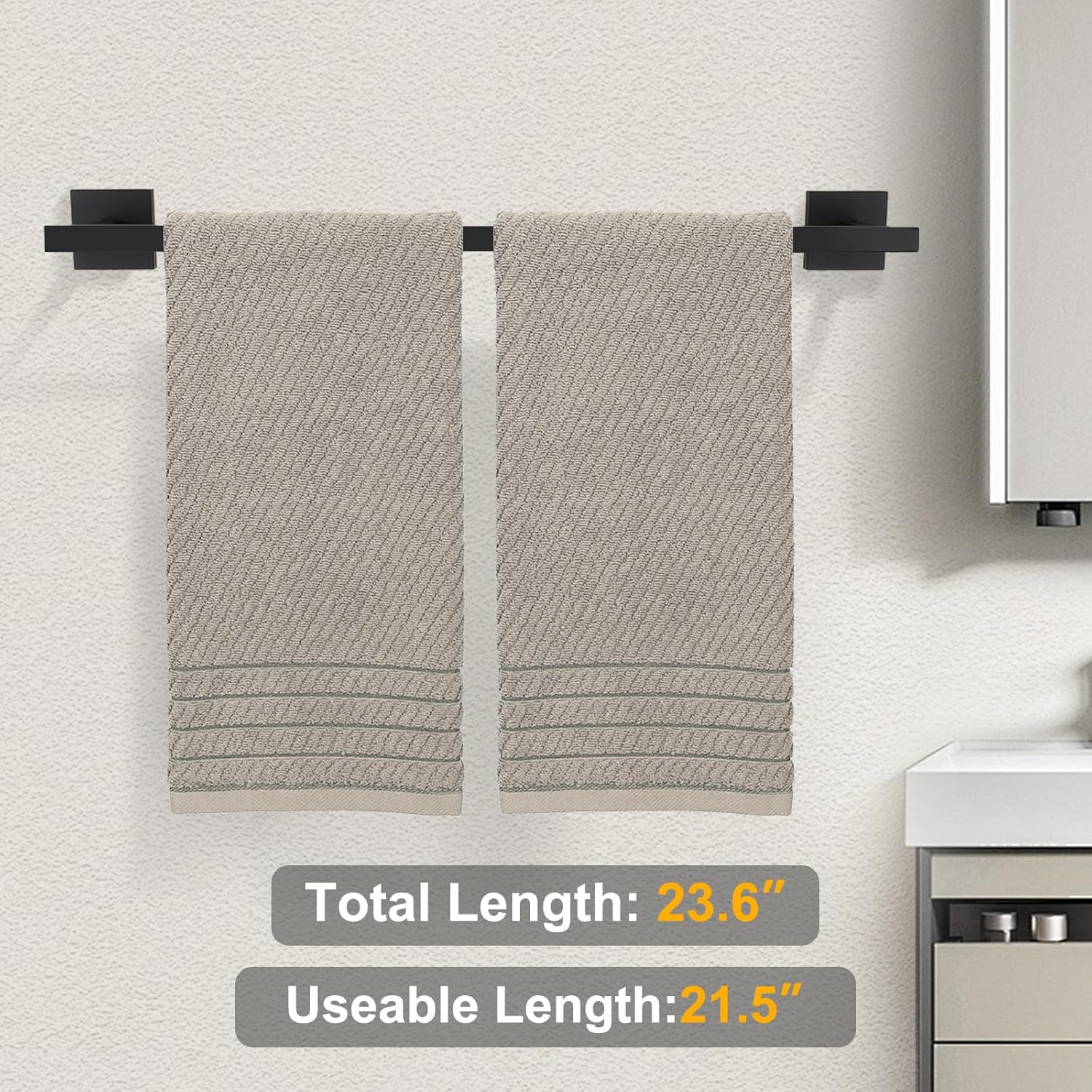 Bath Towel Bar Black, 21.6 Inch Towel Rack Bathroom, 304 Stainless Steel Bathroom Accessories Wall Mounted, Total Length 23.6 Inch