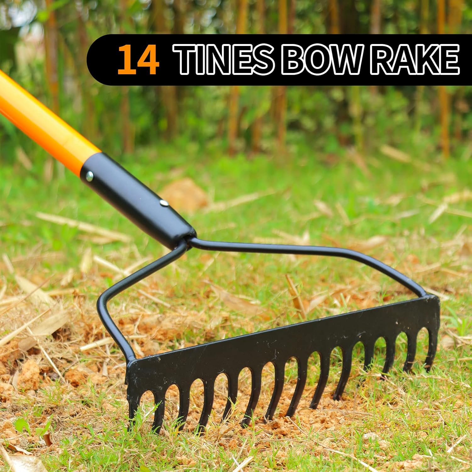 Garden Rake for Gardening, Heavy Duty Garden Rake for Lawns, 14 Tines Bow Rake with Fiberglass Handle, 58 Inches