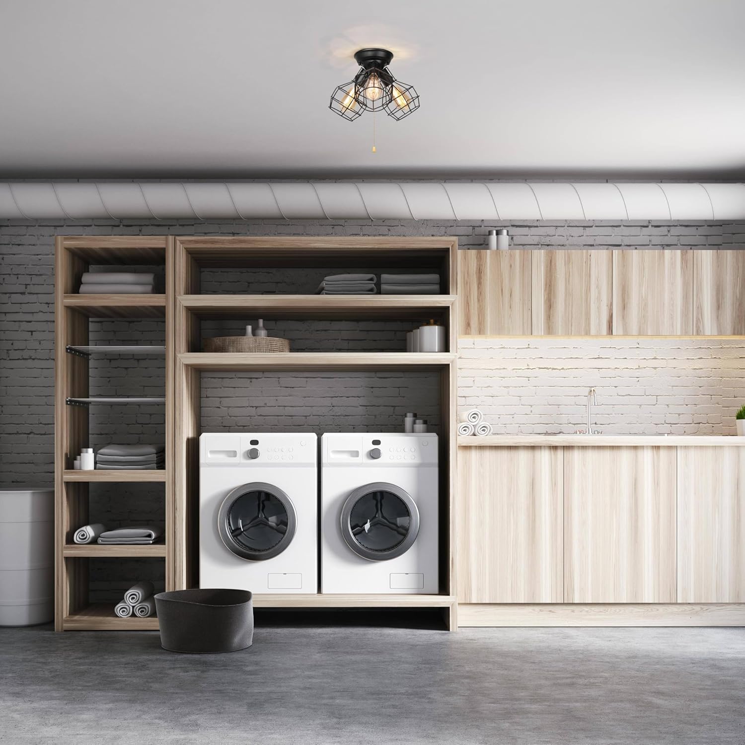 Farmhouse Semi Flush Mount Ceiling Light Fixture, Black Industrial 3-Light Cage Ceiling Light Fixture with Pull Chain