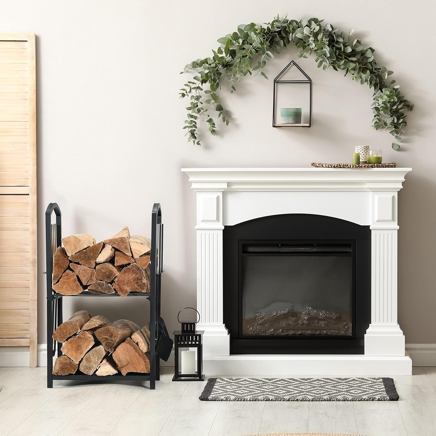 Firewood Rack Outdoor Indoor - 2-Tier Firewood Holder with Fireplace Tools Set, Brush, Shovel, Poker, Tongs