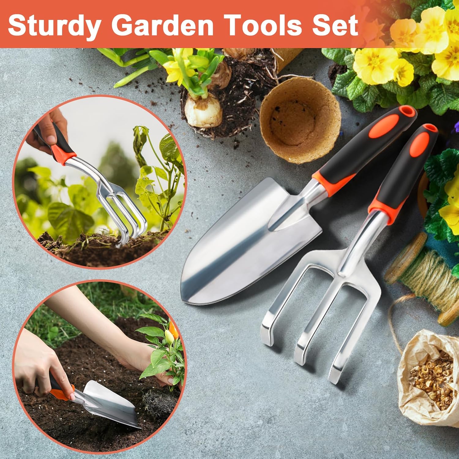 2 Pack Heavy Duty Gardening Tools Set Include Garden Shovel and Hand Rake Claw Tool with Ergonomic Handle, Small Gardening Hand Tools for Digging