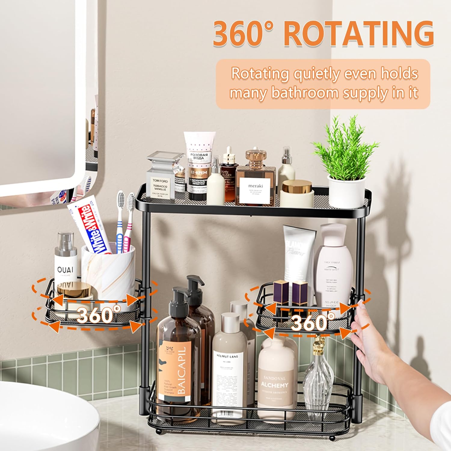 3 Tier Bathroom Organizer Countertop, Metal Wire Bathroom Counter Vanity Organizer Storage, Mesh Bathroom Sink Kitchen Shelf Rack with 360 Rotating Basket, Black