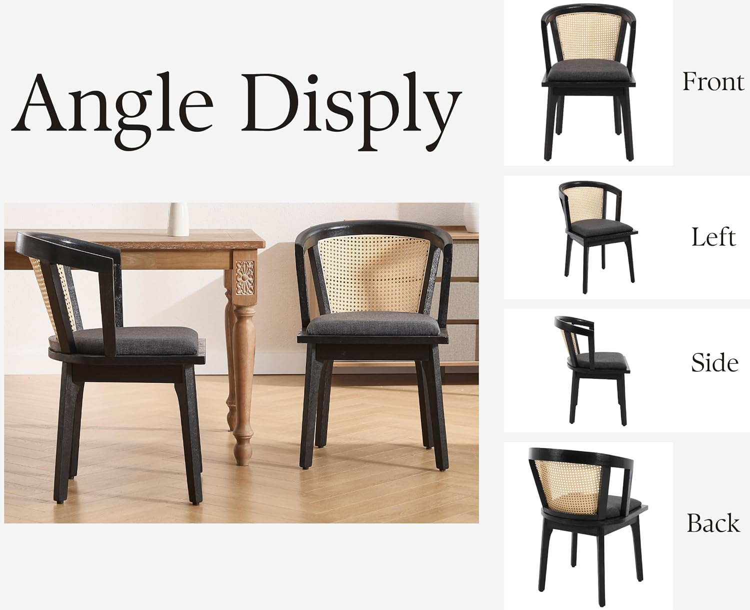 Modern Farmhouse Wooden Dining Room Chairs with Cane Curved Back Leather Upholstered Comfortable Kitchen Side Chairs for Restaurant