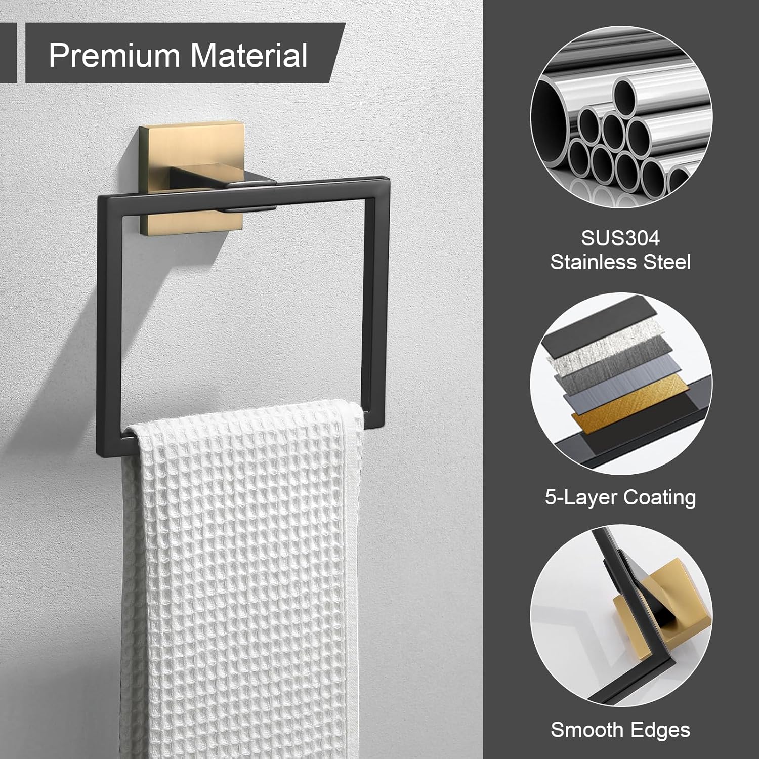 Towel Holder & Toilet Paper Holder Black & Gold, Bathroom Hardware Set, Stainless Steel Hand Towel Ring Bar, Wall Mounted Towel Hanger Tissue Roll Holder for Kitchen Lavatory 2 Pcs