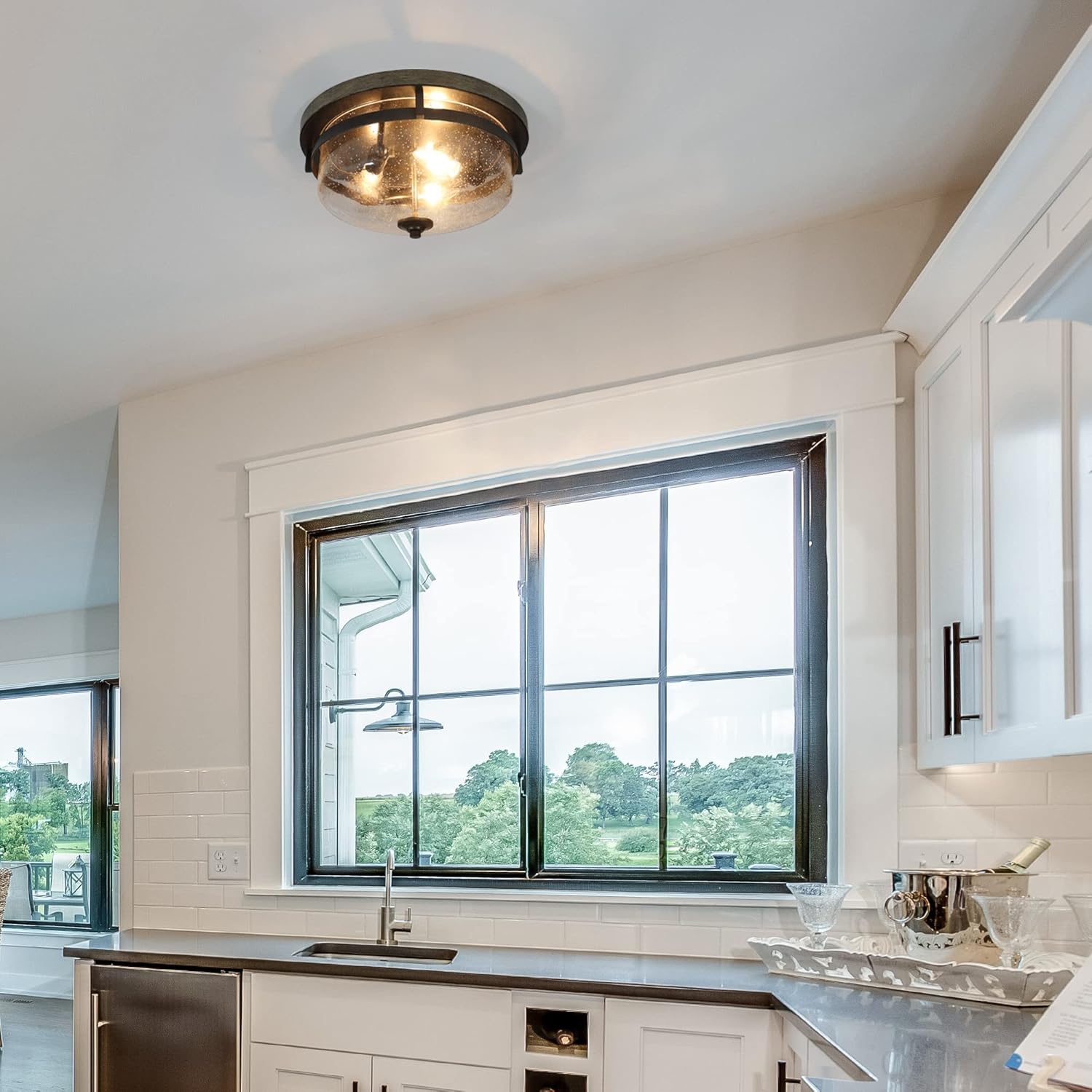 Flush Mount Ceiling Light, Farmhouse Light Fixtures Ceiling with Faux Wood Finish and Seeded Glass Cover