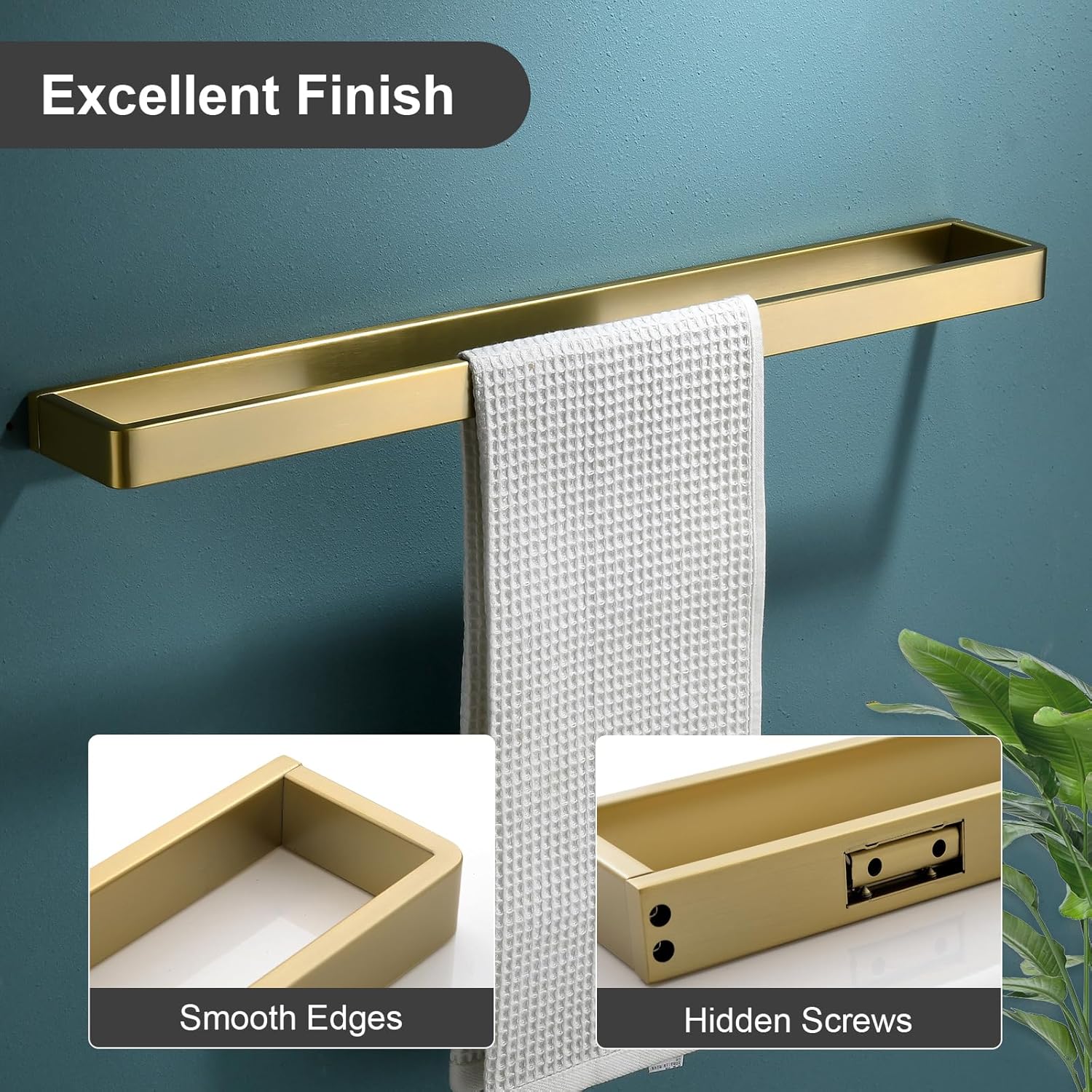 Bathroom Towel Bar Brushed Gold, 23.6 Inch 304 Stainless Steel Bath Accessories Towel Rack Hanger, Bathroom Kitchen Square Hand Towel Holder Wall Mounted