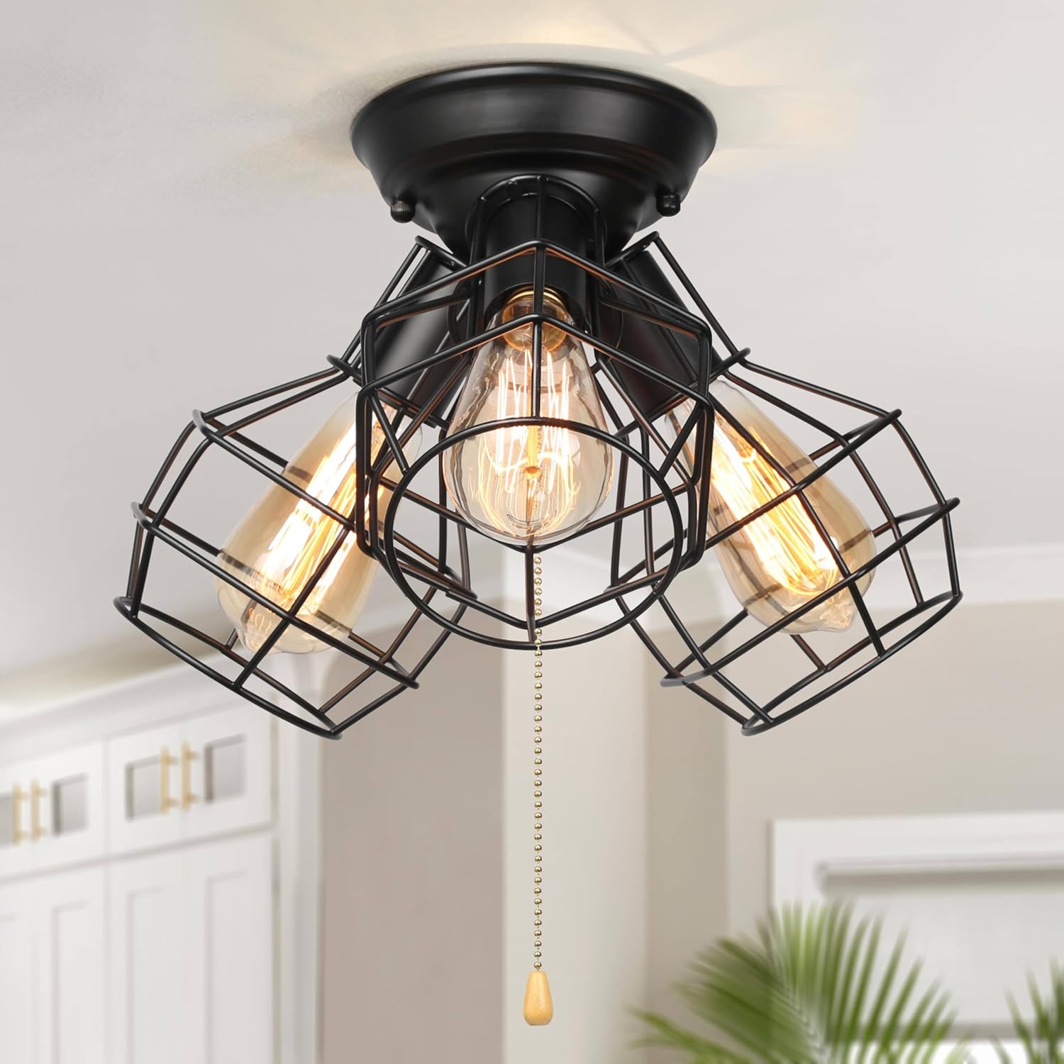 Farmhouse Semi Flush Mount Ceiling Light Fixture, Black Industrial 3-Light Cage Ceiling Light Fixture with Pull Chain