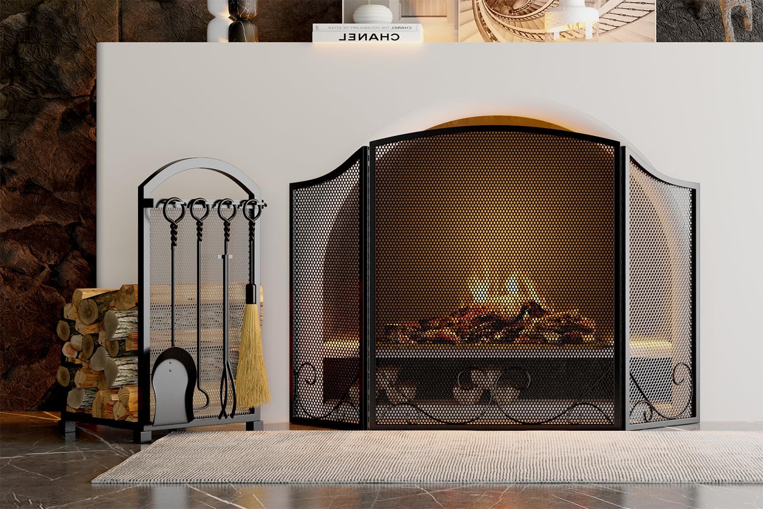 Fireplace Log holder with Fireplace Tools, Wrought Iron Indoor Stove Accessories Firewood Rack Holder Lumber Storage Stacking Log Holder