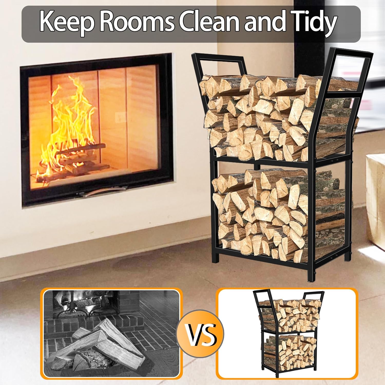 Firewood Rack for Indoor Outdoor, 2 Tier Firewood Holder for Fireplace, Small Indoor Fire wood Storage Rack Heavy Duty Log Firewood Holder