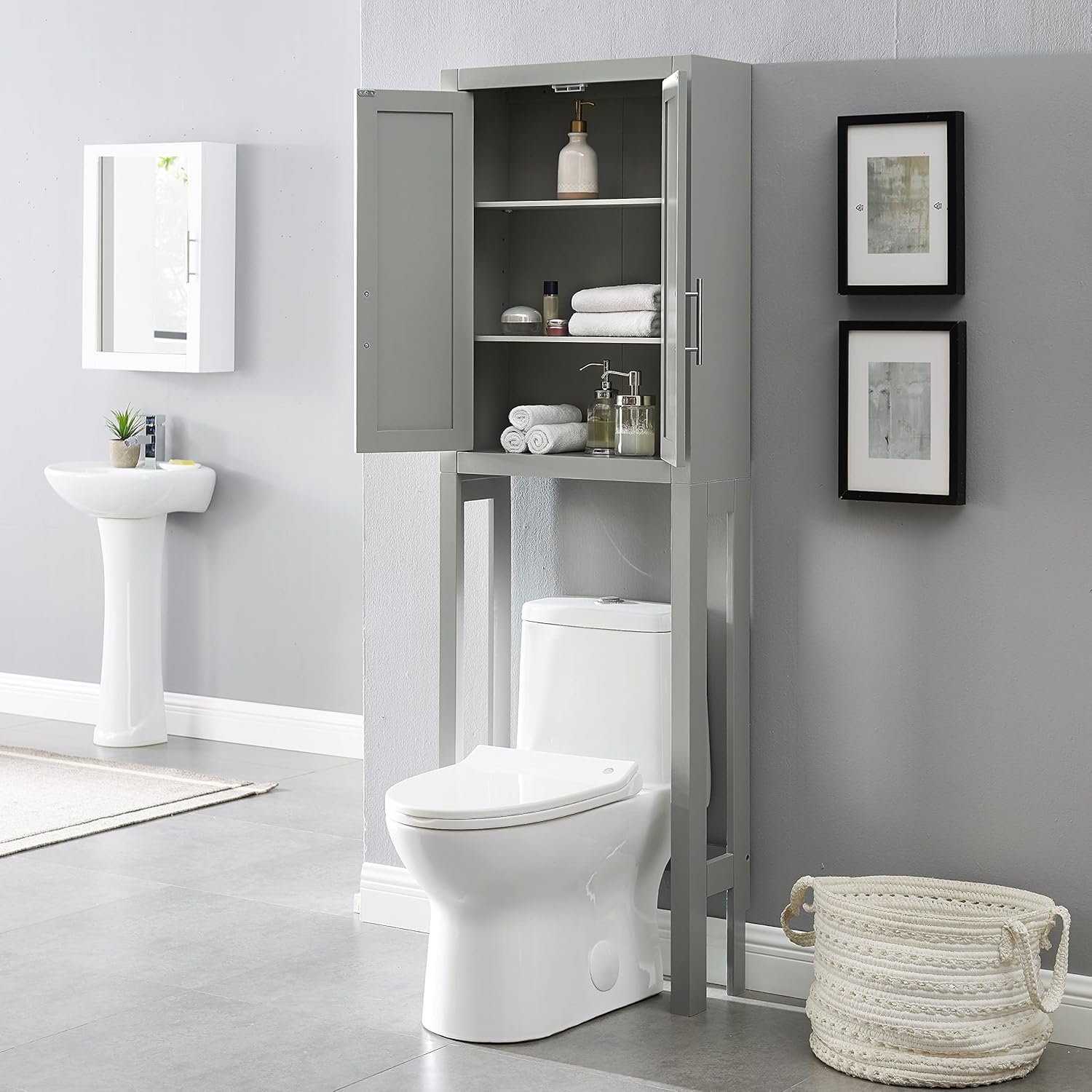 Over The Toilet Storage Cabinet and Bathroom Organizer with Shelves, Gray