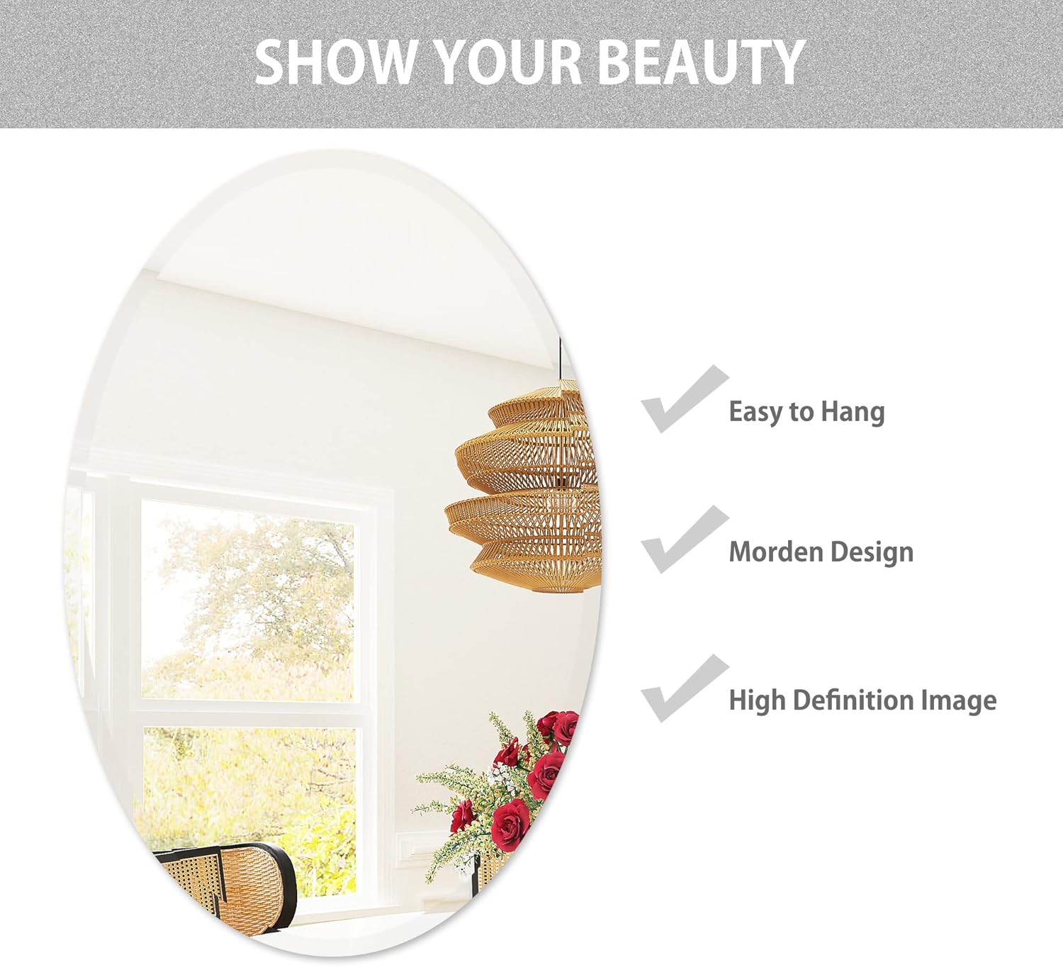 24"x36" Beveled Frameless Oval Wall Mirror, Large Decorative Mirror for Bathroom