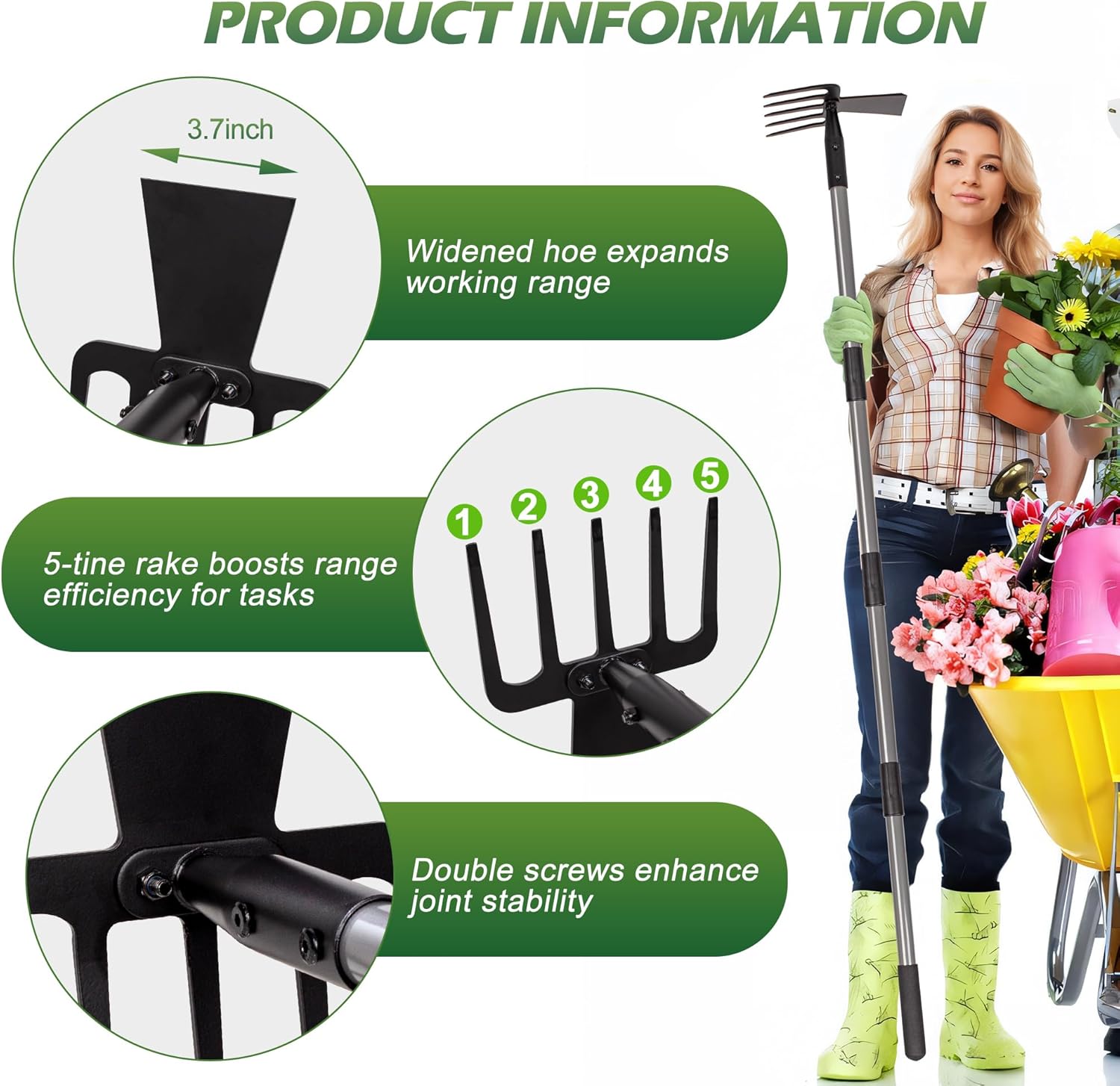 2 in 1 Hoe Garden Tool, 63 Inch Garden Hoe Cultivator and 5-Tines Rake with 37-63 Inch Adjustable Long Handle