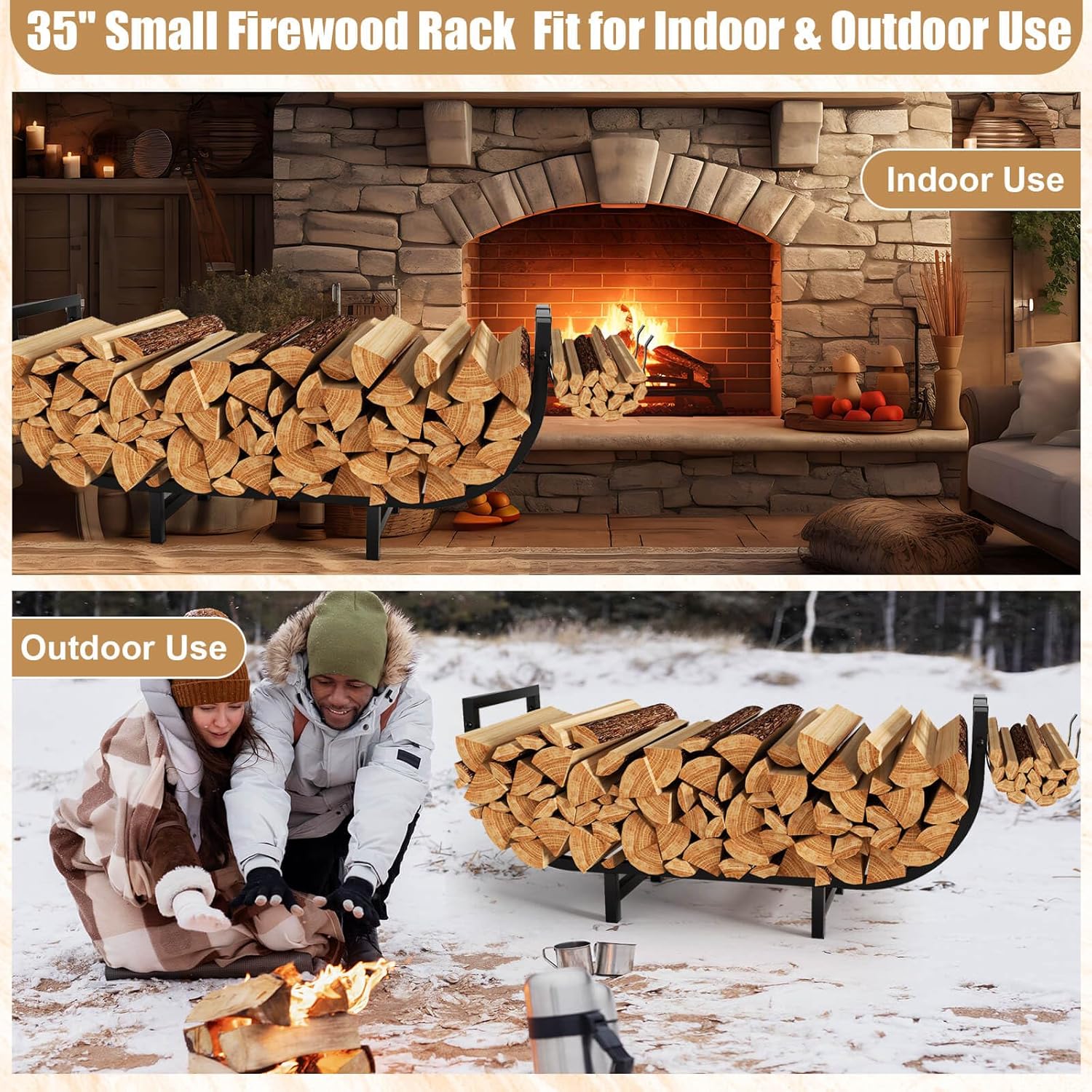 35 Inch Firewood Rack Indoor Outdoor with Firewood Carrier, Metal Small Indoor Wood Rack,Heavy Duty Firewood Holder with Kindling Hooks, Sturdy Fireplace Log Holder