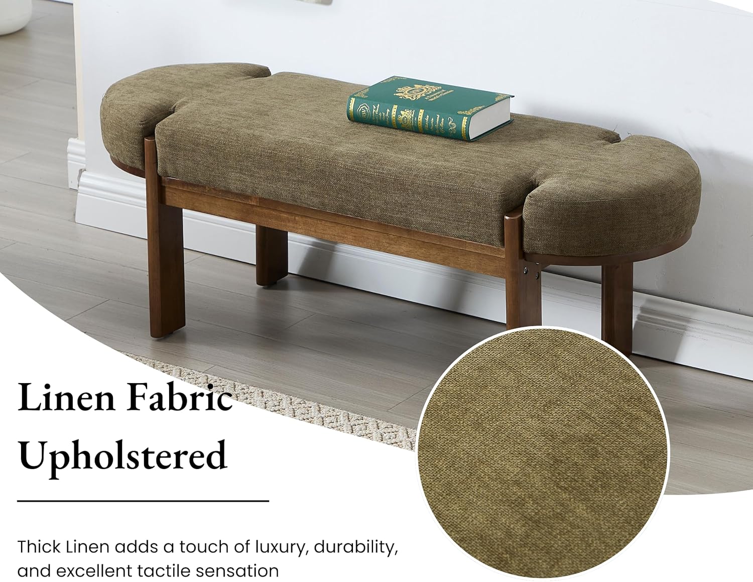 49 Inch Modern Bedroom Bench Upholstered End of Bed Bench Wood Entryway Bench with Fabric Padded Seat and Wooden Legs Window Bench