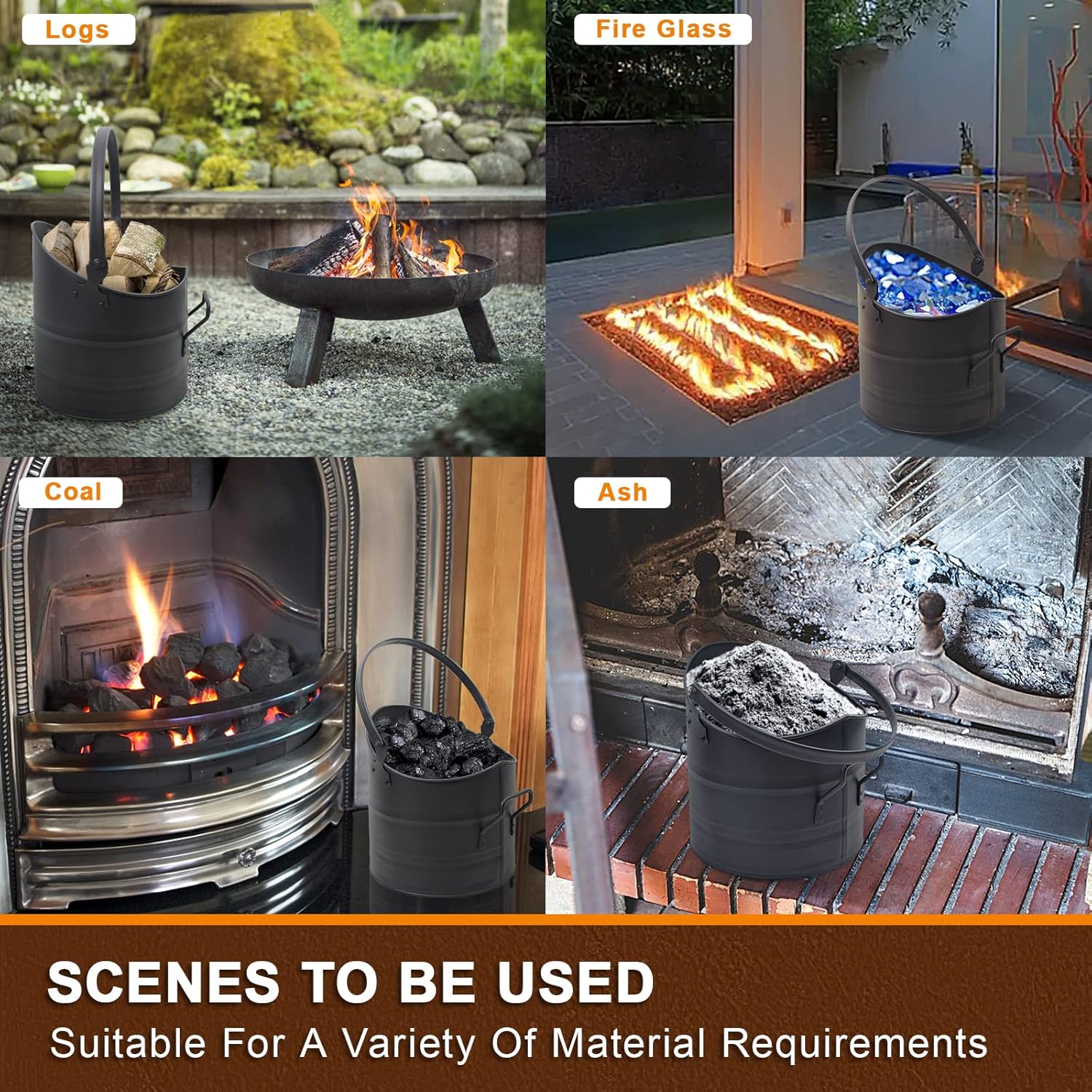 Ash Bucket for Fireplace, 2.6 Gallon Metal Fireplace Bucket for Ashes, Includes Shovel, Broom and Gloves for Wood Stove, Fireplace and Fire Pit