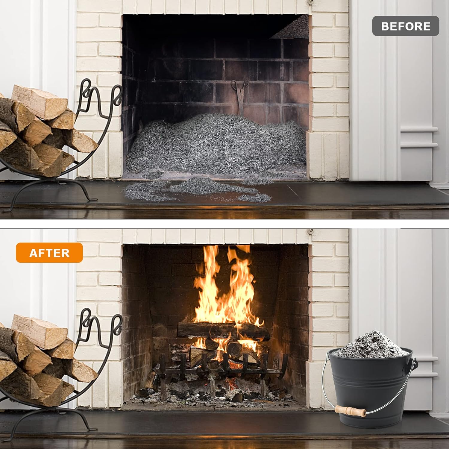 Ash Bucket with Lid and Shovel, 1.3 Gallon Fireplace Bucket for Ashes, Includes Hand Broom and Gloves for Fire Pit