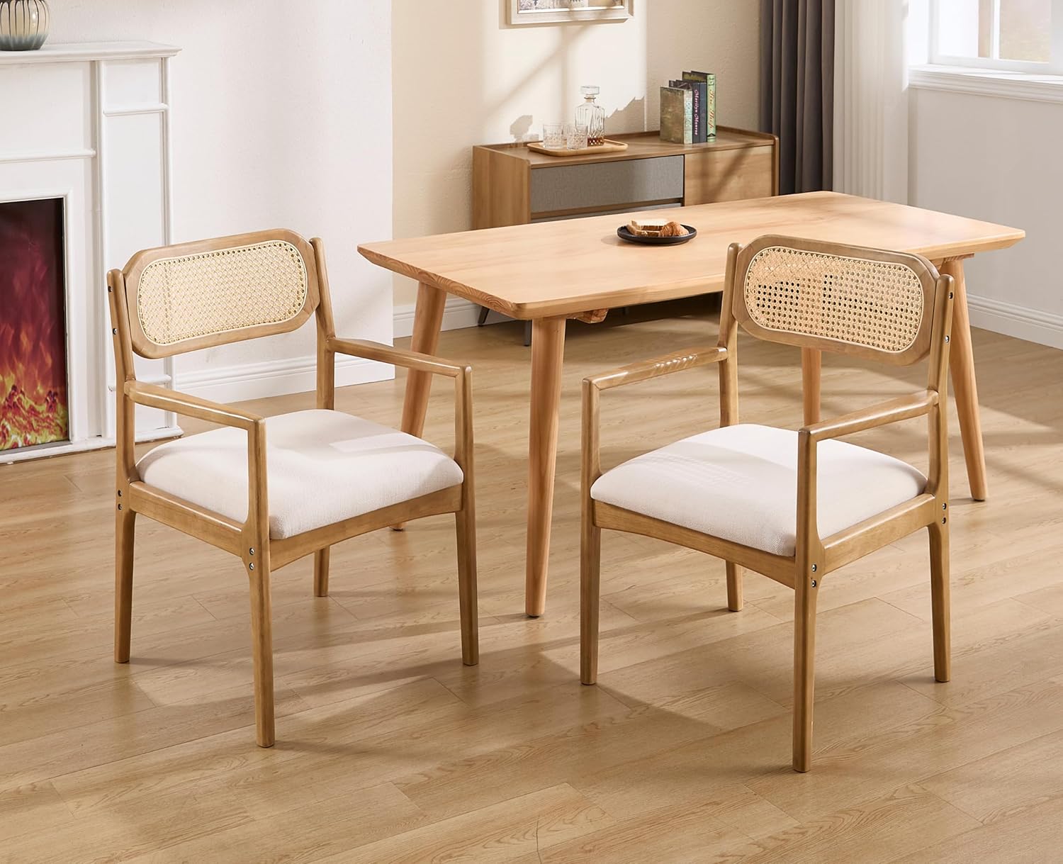 Modern Mid Century Wood Dining Room Chairs with Cane Back Upholstered Linen Kitchen Side Chairs