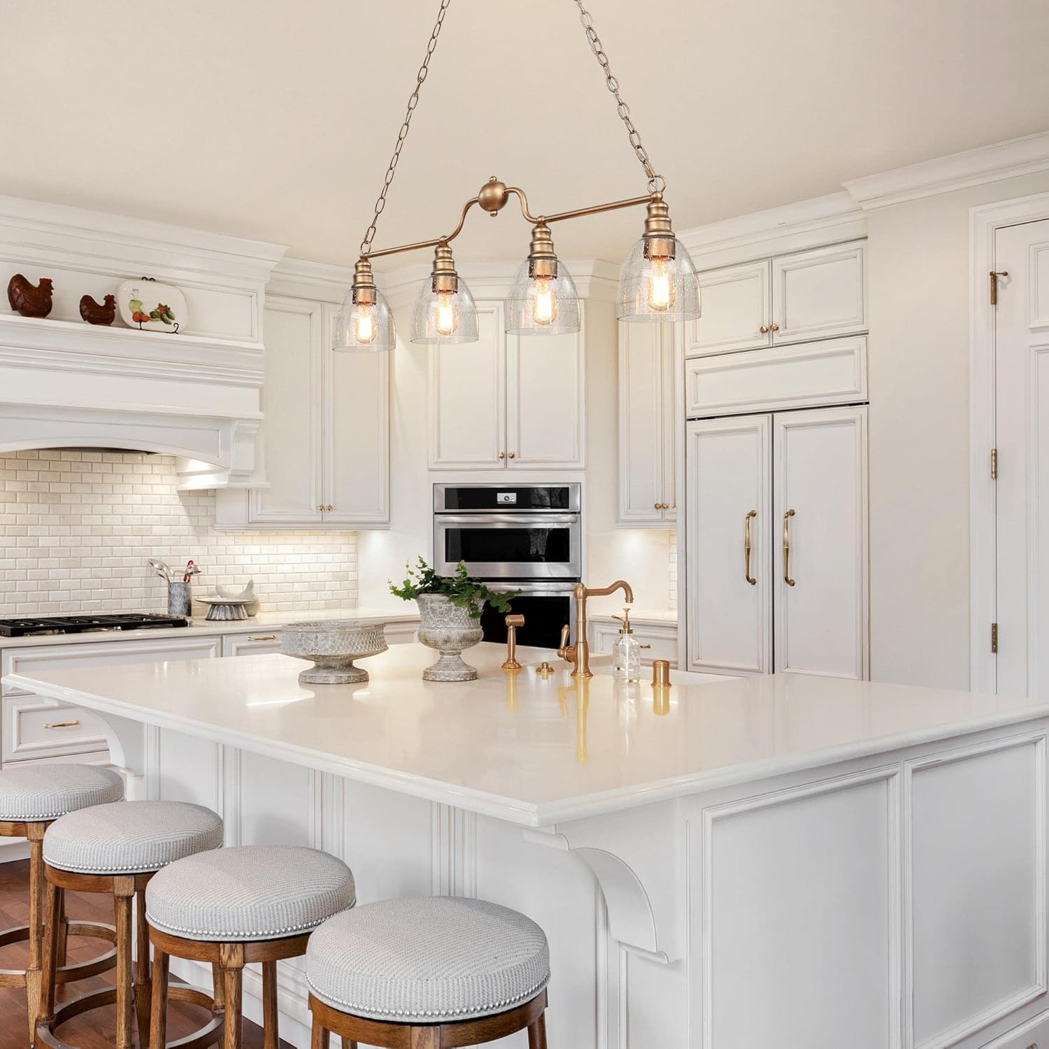 Dining Room Light Fixture Hanging with Seeded Glass Shades and Imitation Electroplated Copper Craft for Kitchen Island