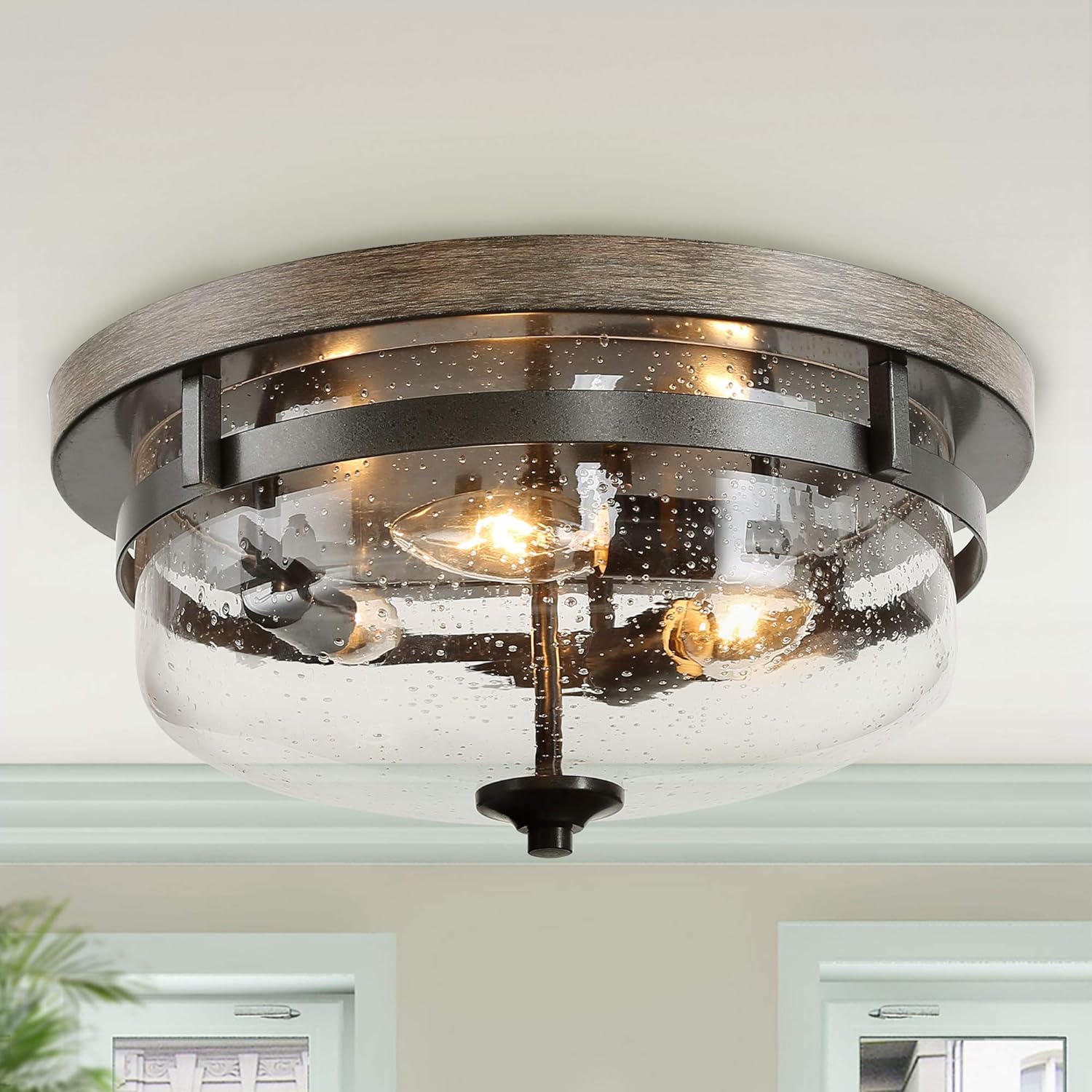 Flush Mount Ceiling Light, Farmhouse Light Fixtures Ceiling with Faux Wood Finish and Seeded Glass Cover