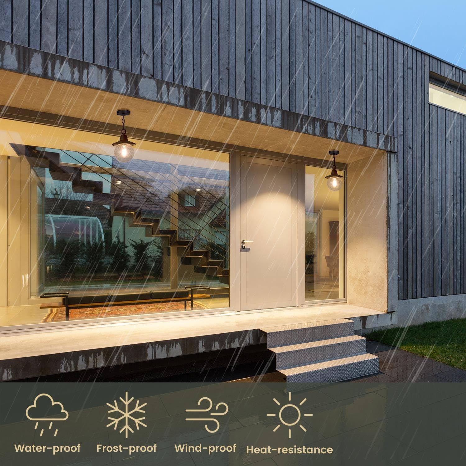 Outdoor Globe Pendant Light Fixture, Farmhouse Exterior Lights with Adjustable Chain, Anti-Rust Ceiling Outdoor Light with Seeded Glass